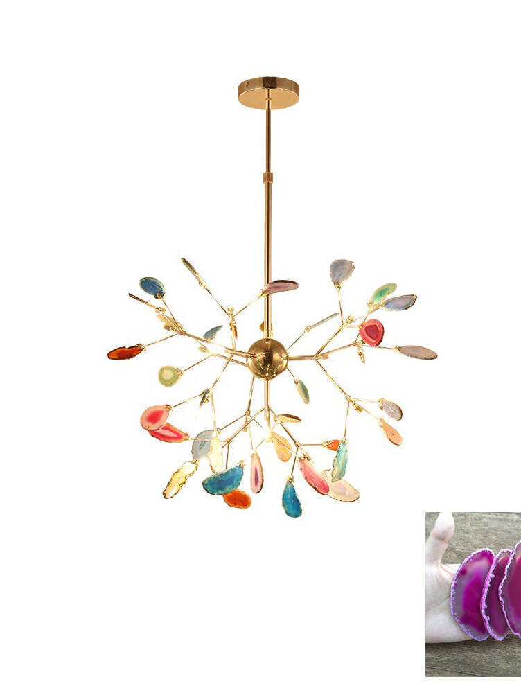 Radial reference chandelier with purple-toned stone inset