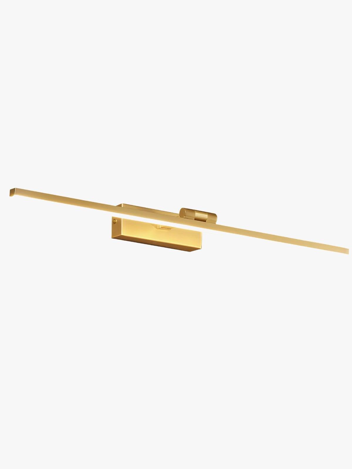 Gold-tone slim linear wall light with rectangular wallplate, short central arm and cylindrical joint on white background