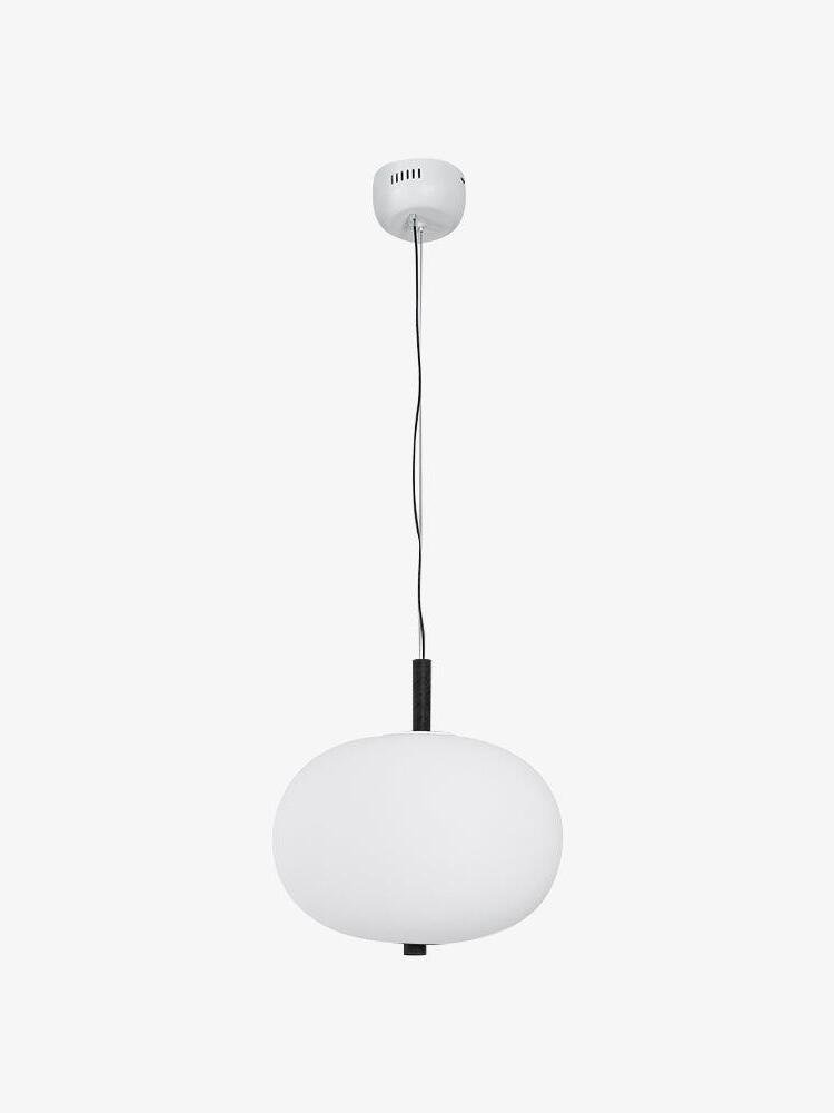 Single white glass globe on a black stem with a visible suspension cable and canopy