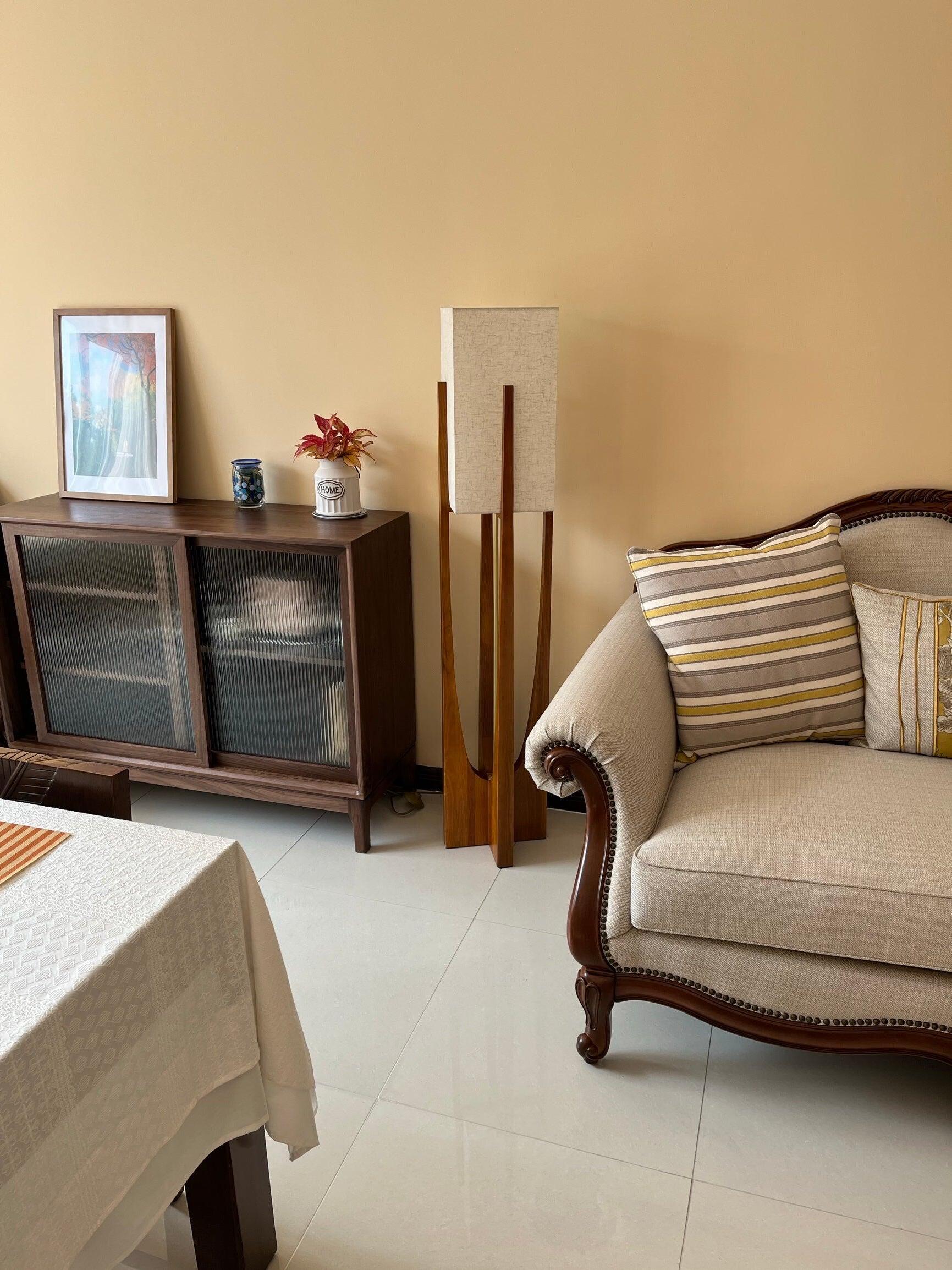 Unlit frame lamp beside sofa