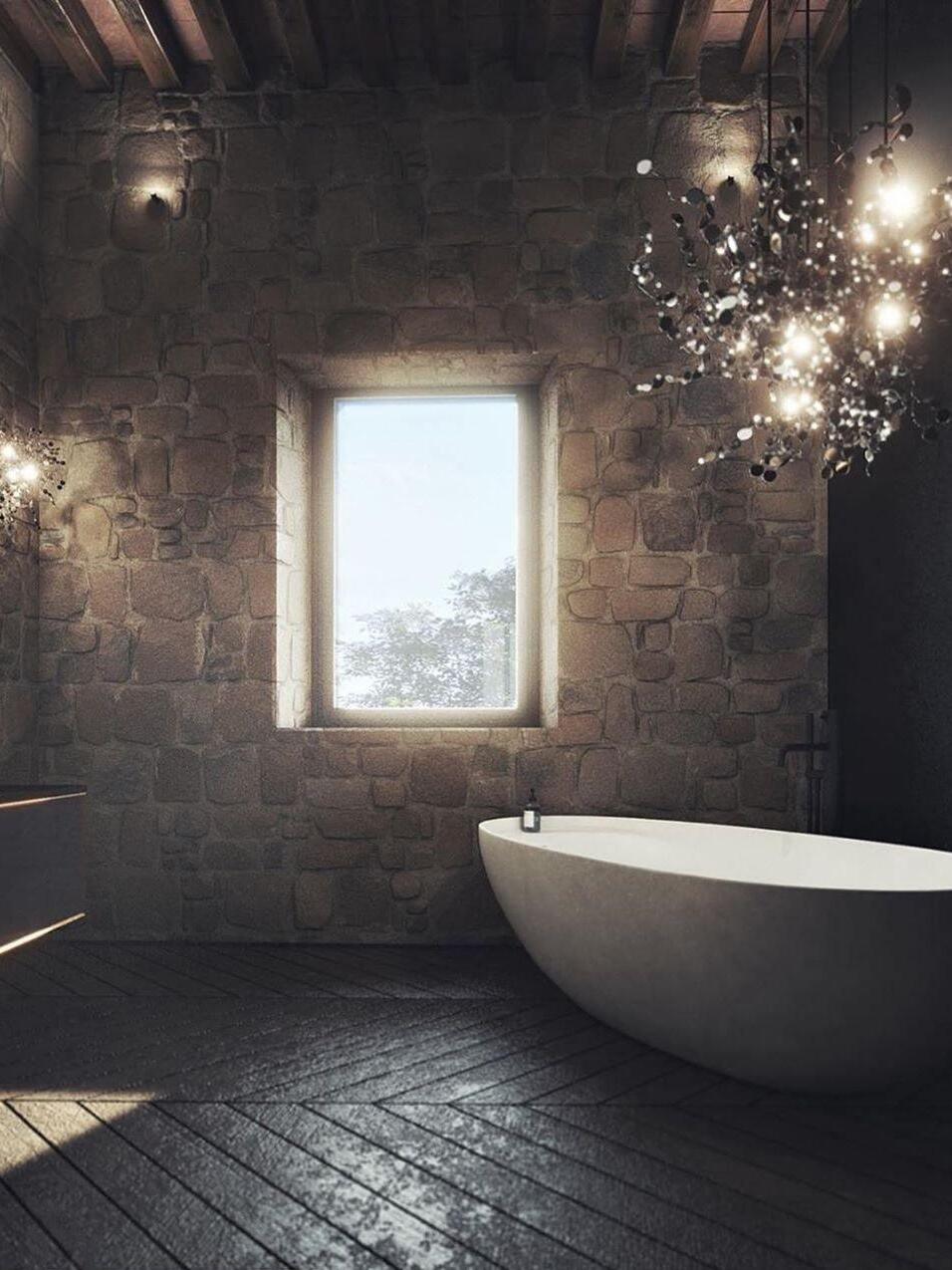 Disc clusters pictured beside a bath in a stone-walled room