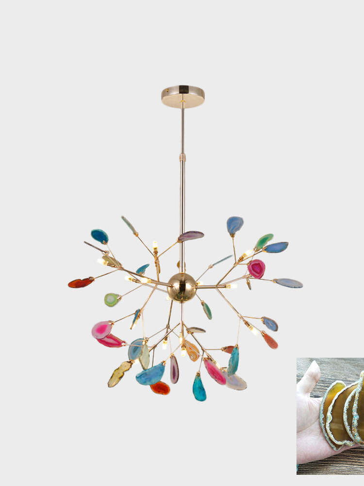 Multicoloured radial stone chandelier with a central gold-coloured ball and a yellow stone sample inset