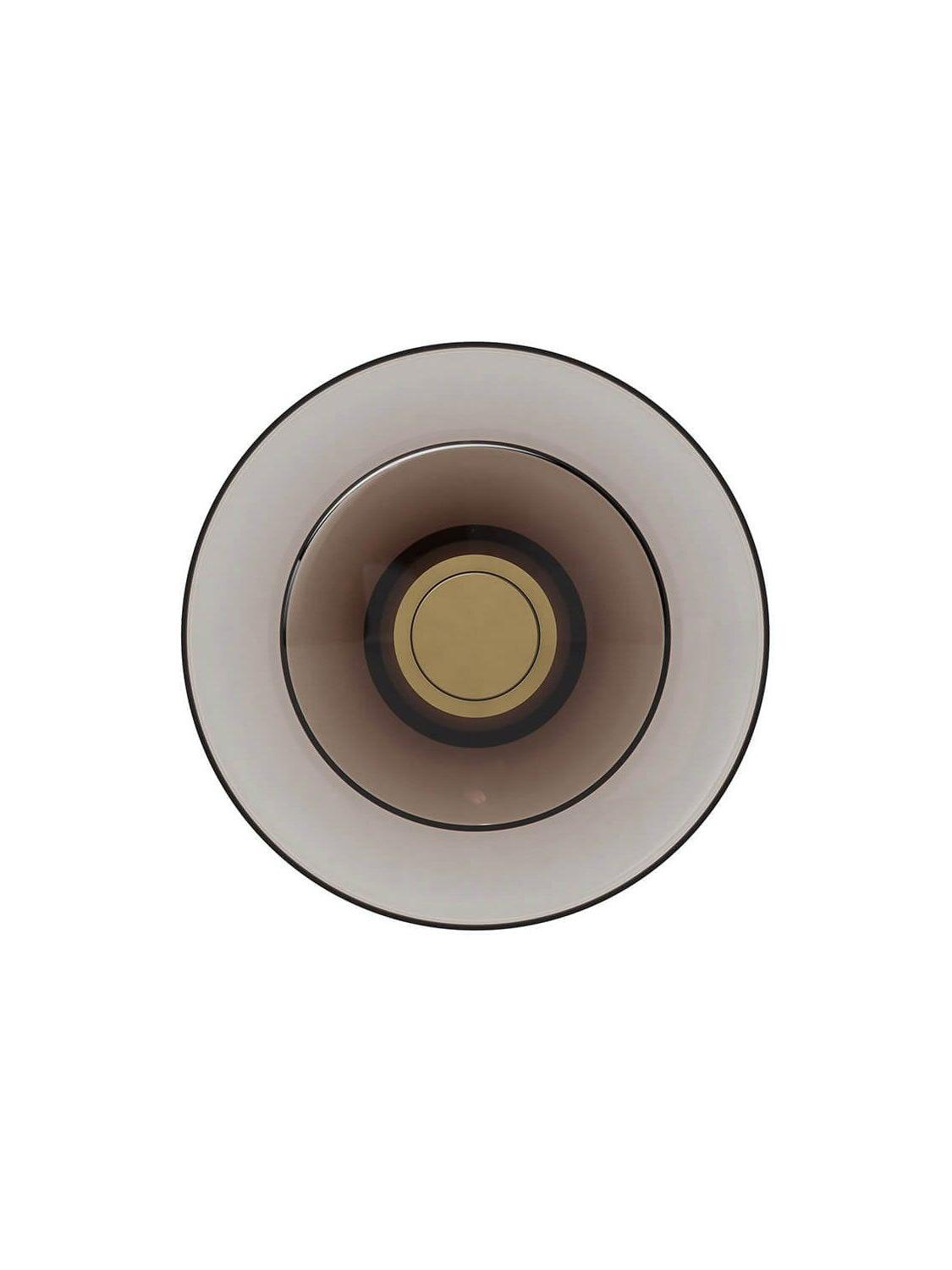 Smoky glass disc with gold-tone central ring, front view