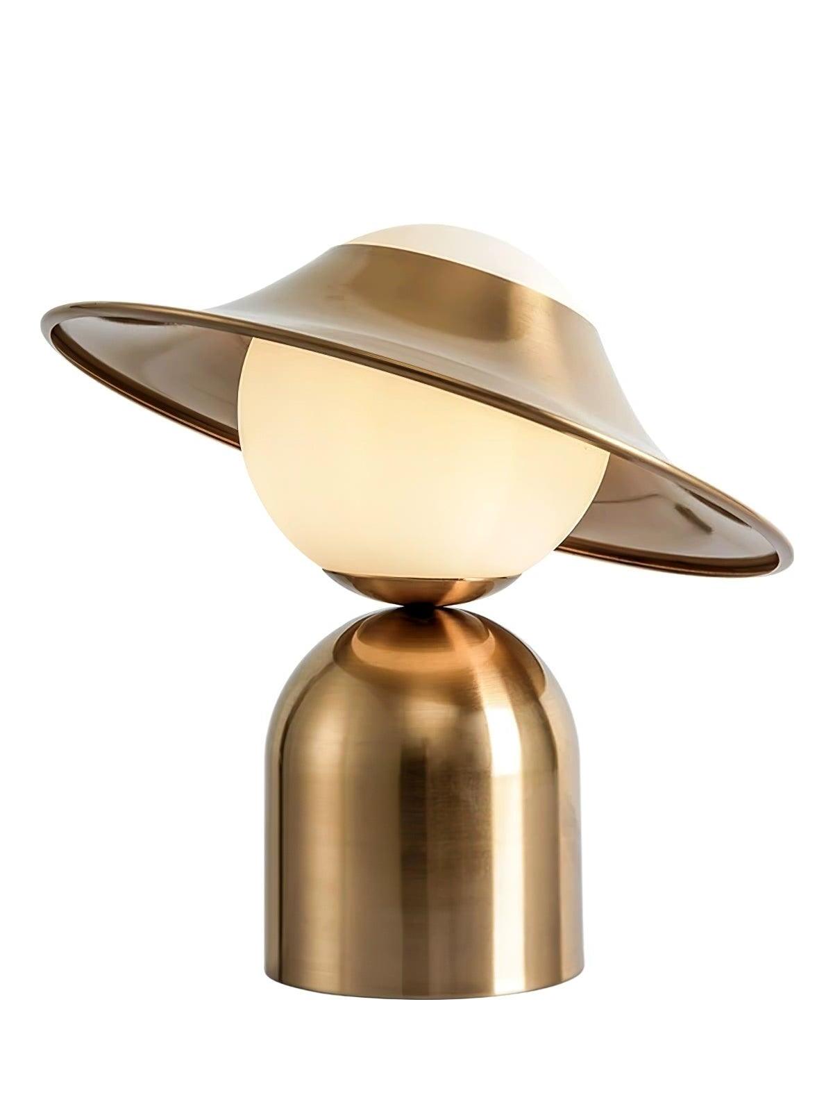 Gold disc and glowing glass sphere on round base