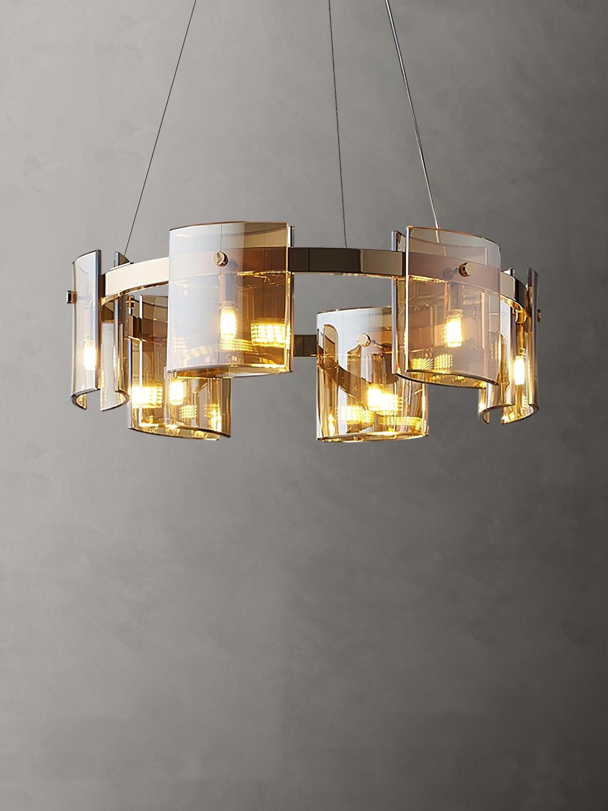 60 cm Gold Corlota chandelier with curved amber-toned glass and round panel fasteners