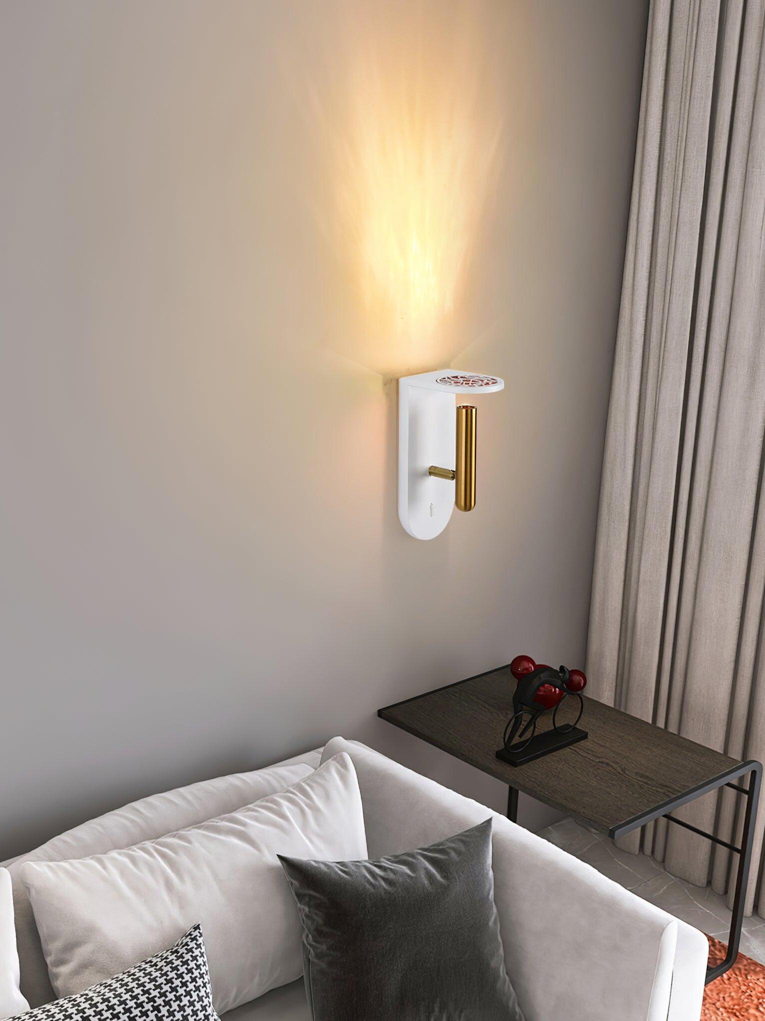 White Nights wall light above a grey chair and side table beside a curtain