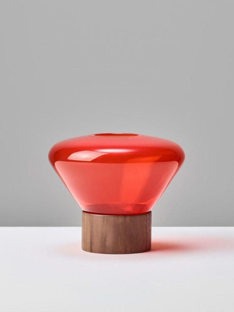 Isolated vivid red glass shade above dark wood-grain base