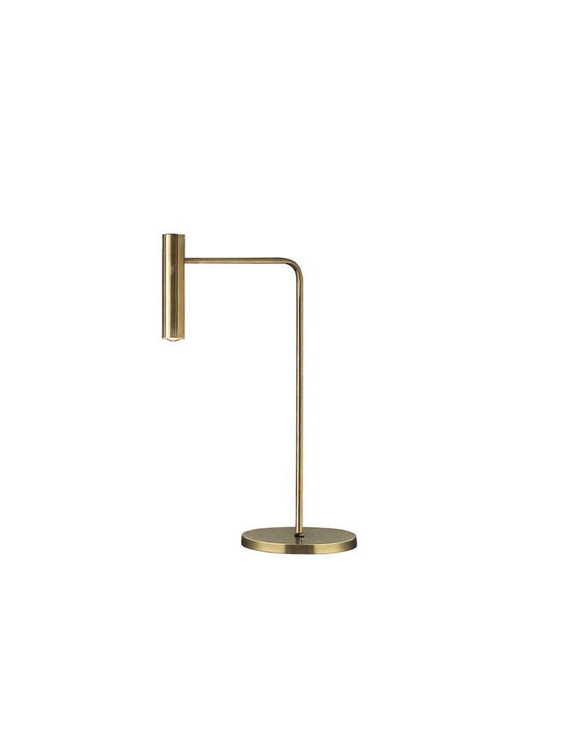 Isolated gold-tone table lamp with slim arm, cylinder head and circular base