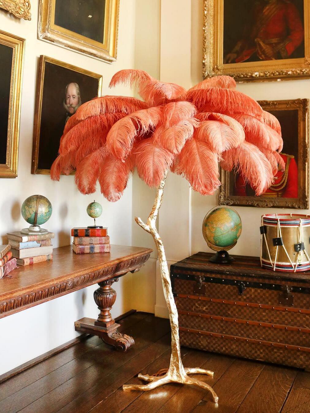 Art Deco Brass Ostrich Feather Floor Lamp - Cueteks