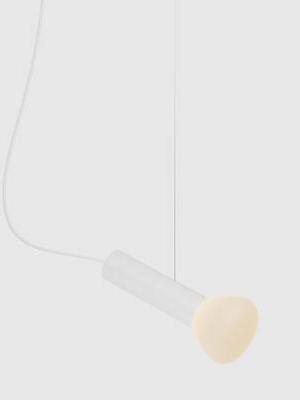 White single-tube pendant light with one glass end shade and a fine suspension wire