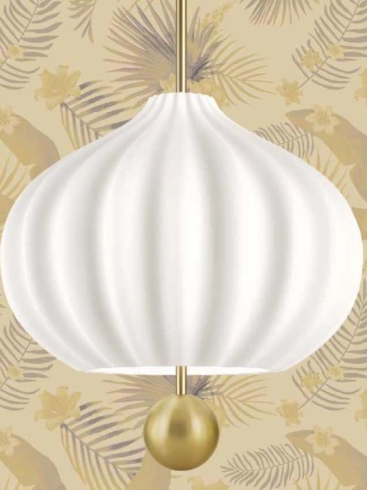 Close-up of the white fluted shade, brass stem and lower brass ball against yellow botanical wallpaper