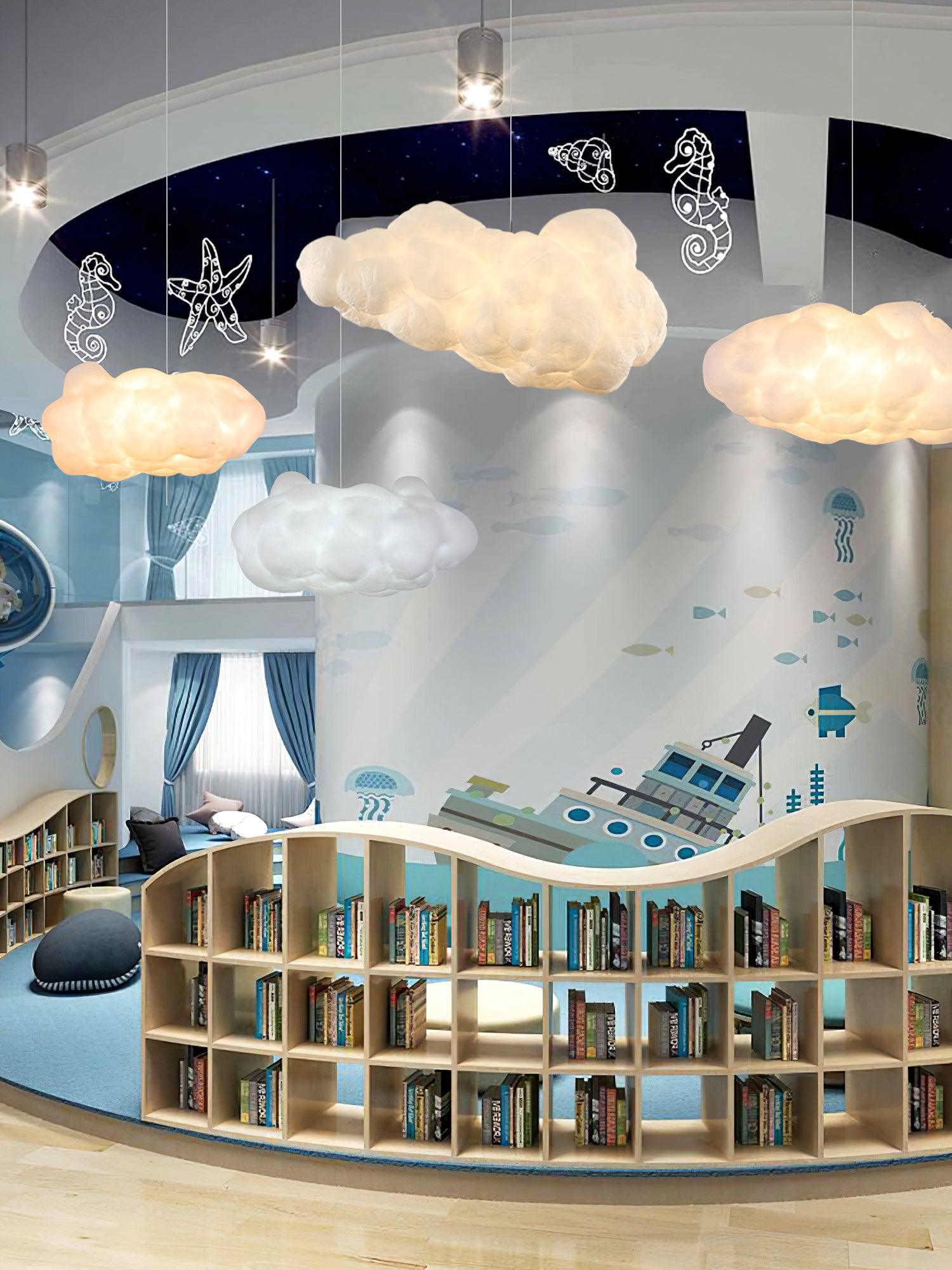 Cloud lights above an indoor play structure
