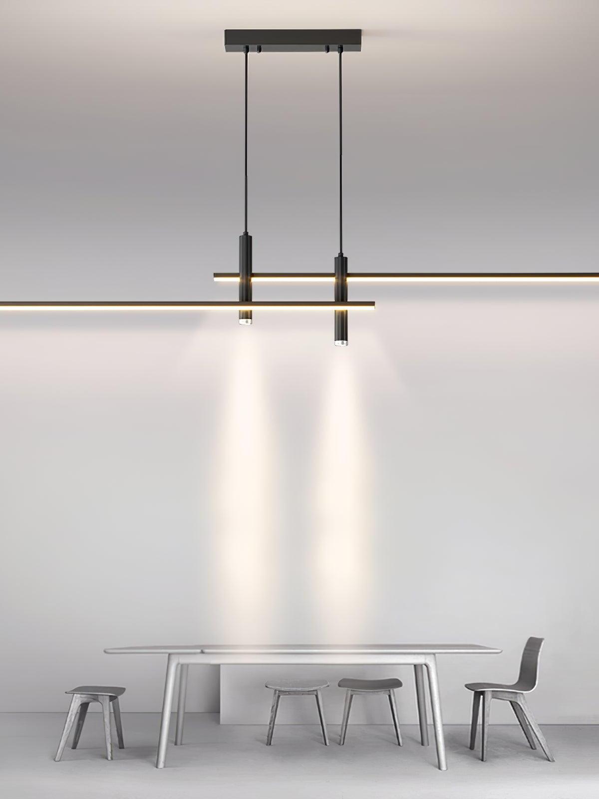 Black offset light bars above a dining table