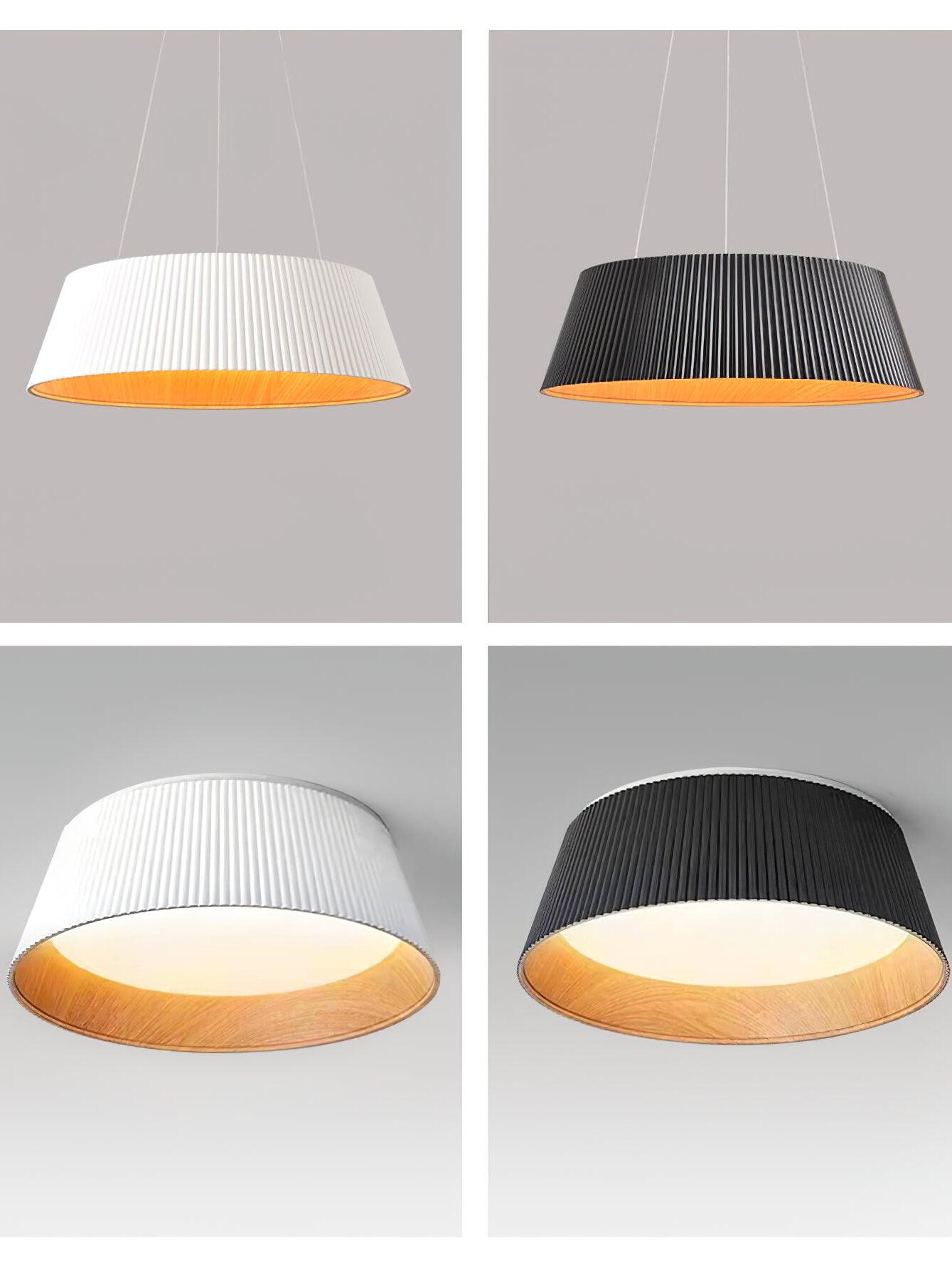 Four-panel comparison of White and Black ribbed drum shades, tan inner surfaces and white circular diffusers