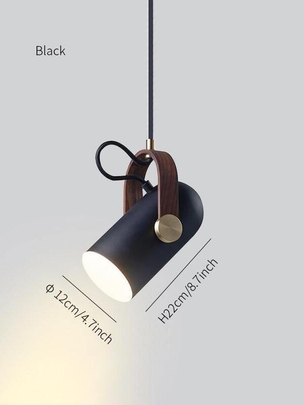 Black tilted pendant size graphic labelled diameter 12 cm or 4.7 inches and head height 22 cm or 8.7 inches