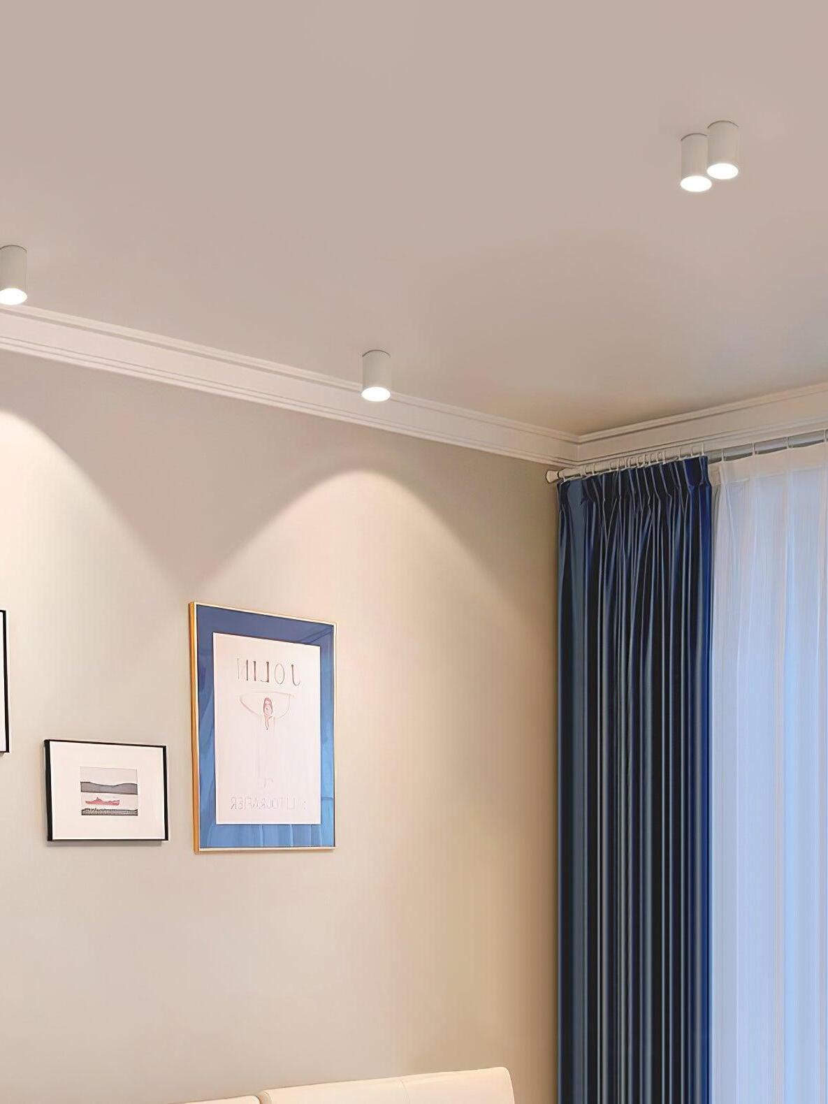 White ceiling lights in a room with blue curtains and framed prints, with two fixtures close together at upper right
