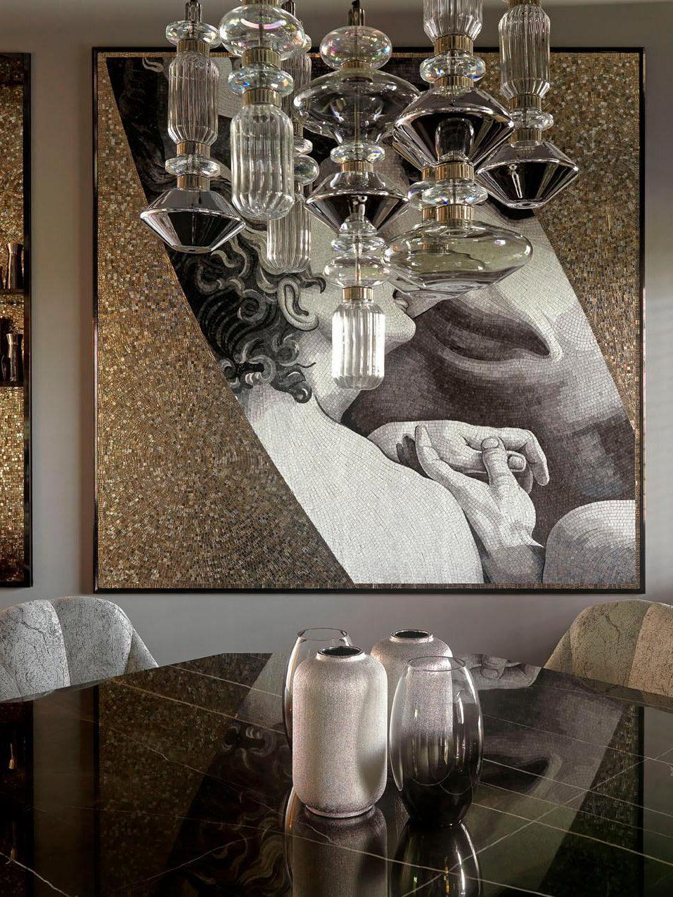 Close view of clustered glass pendants over seating