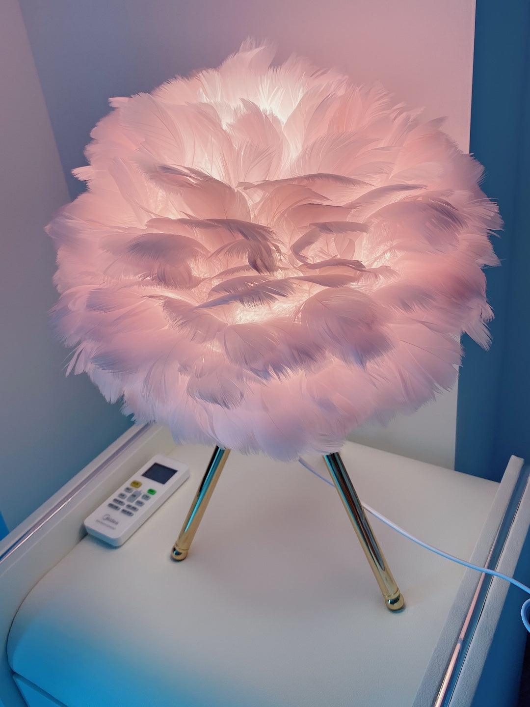 Close view of pink feathers and gold tripod