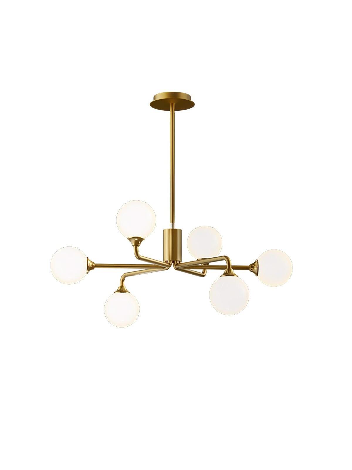 Six-globe brass branch chandelier isolated on white
