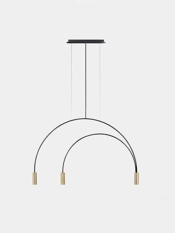 Three-light Arcs pendant with gold heads on two nested black curves
