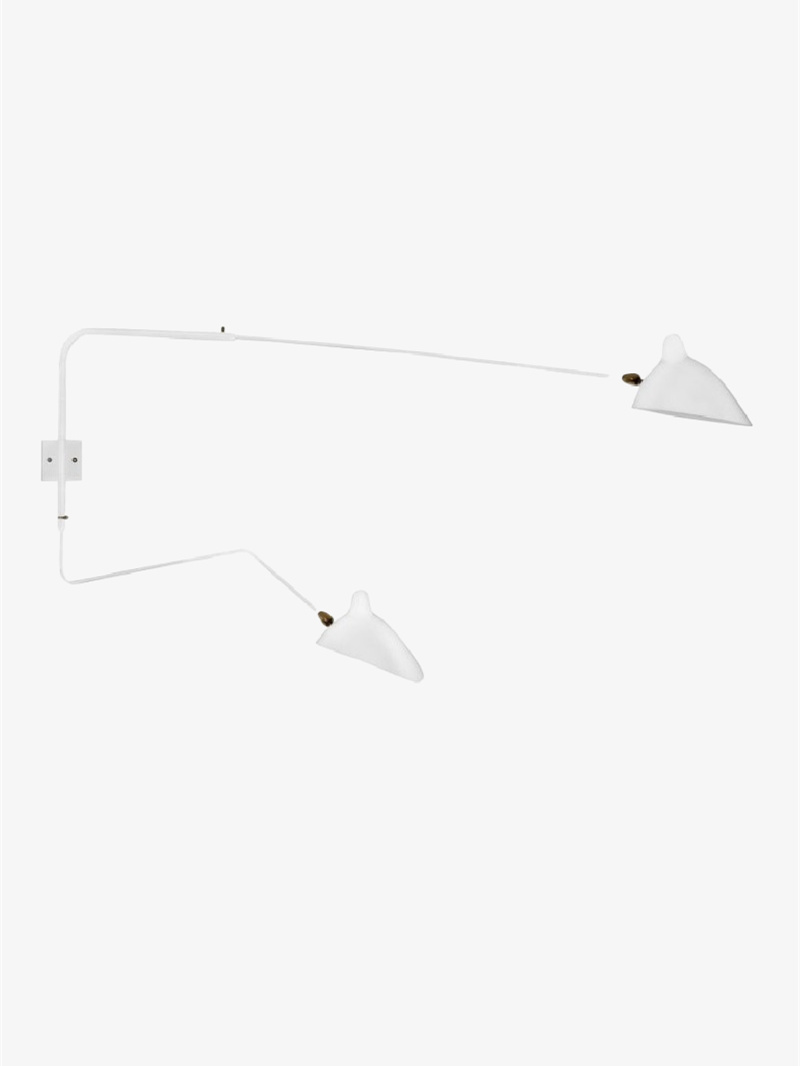 White two-head wall light on white with a rectangular mounting plate, long upper arm, shorter lower arm and gold-tone joints