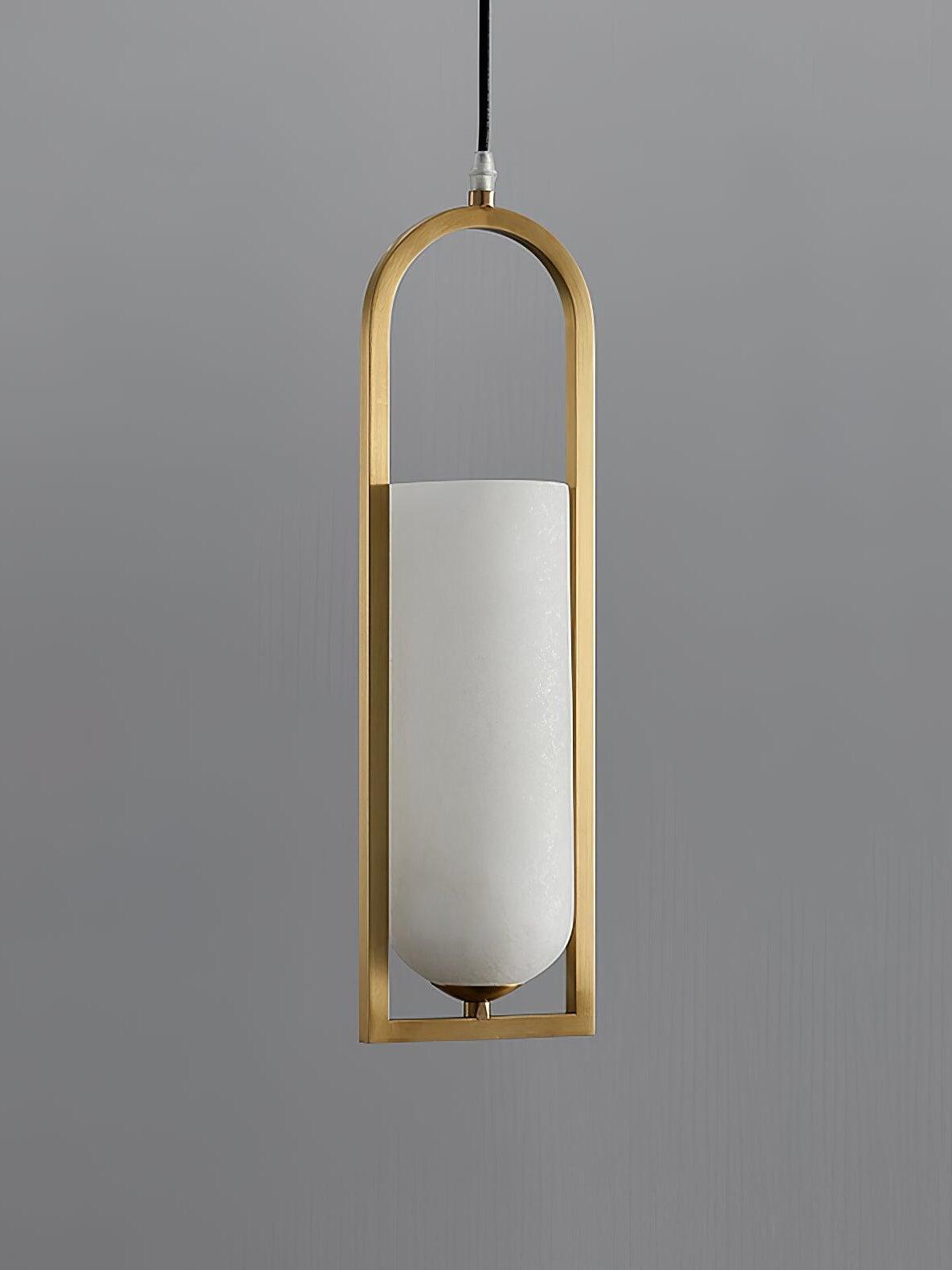 Unlit rounded white Melange shade within an arched metal frame on a grey background