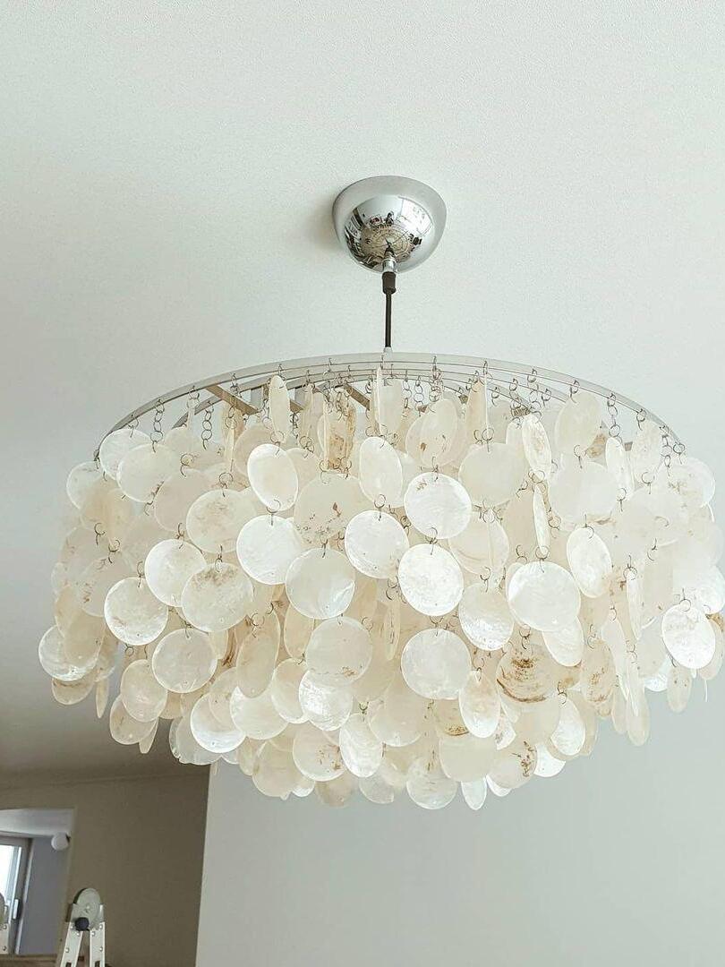 White shell chandelier suspended from a round canopy