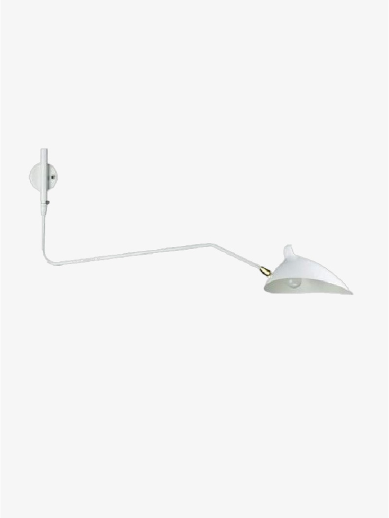White single-head wall light on white, with an angular arm, round plate, gold-tone shade joint and visible bulb
