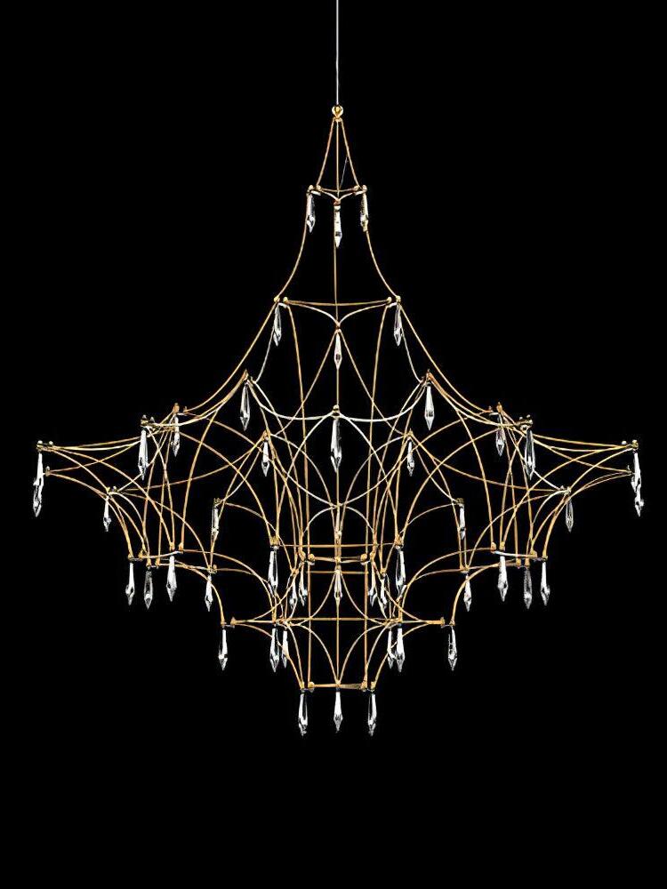 Mira gold-coloured lattice chandelier tapering above and below its wide centre