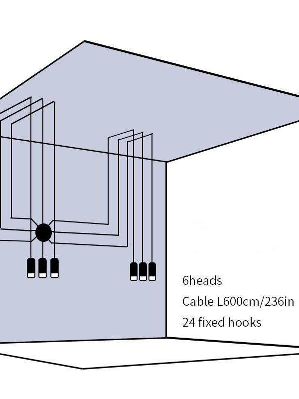 Six-head wall-routing diagram marked cable L600 cm and 24 fixed hooks
