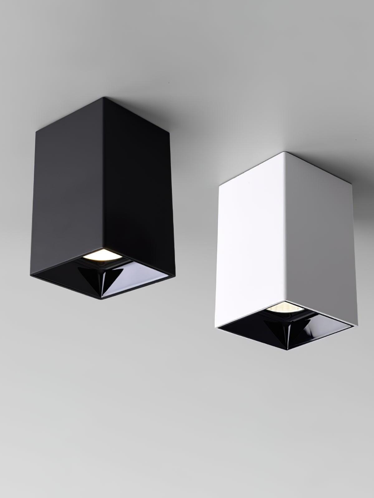 Black and white ceiling spotlights side by side, both with glossy black recessed cups