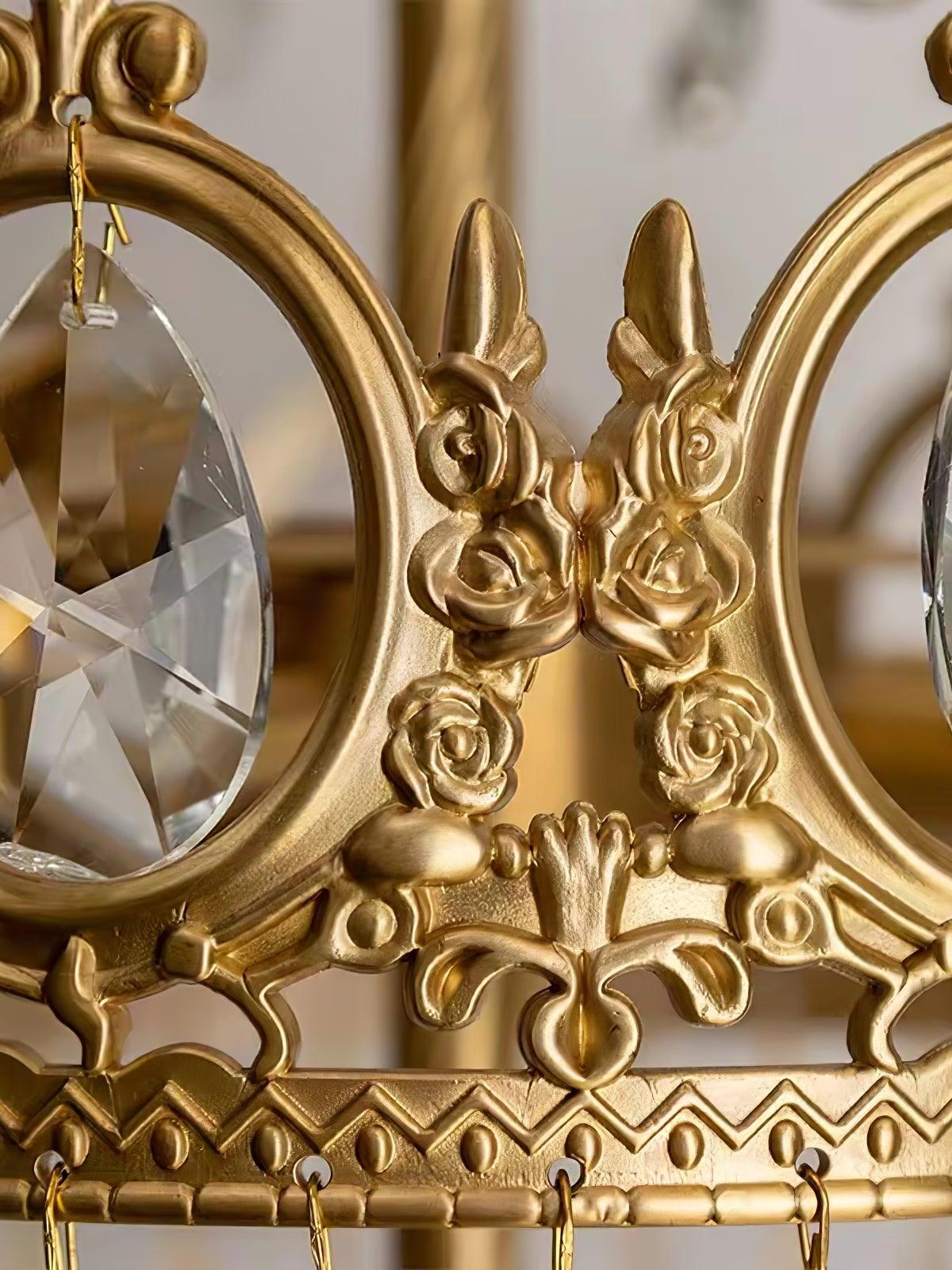 Close-up of the crown scrollwork, oval faceted crystal and decorative lower metal band.