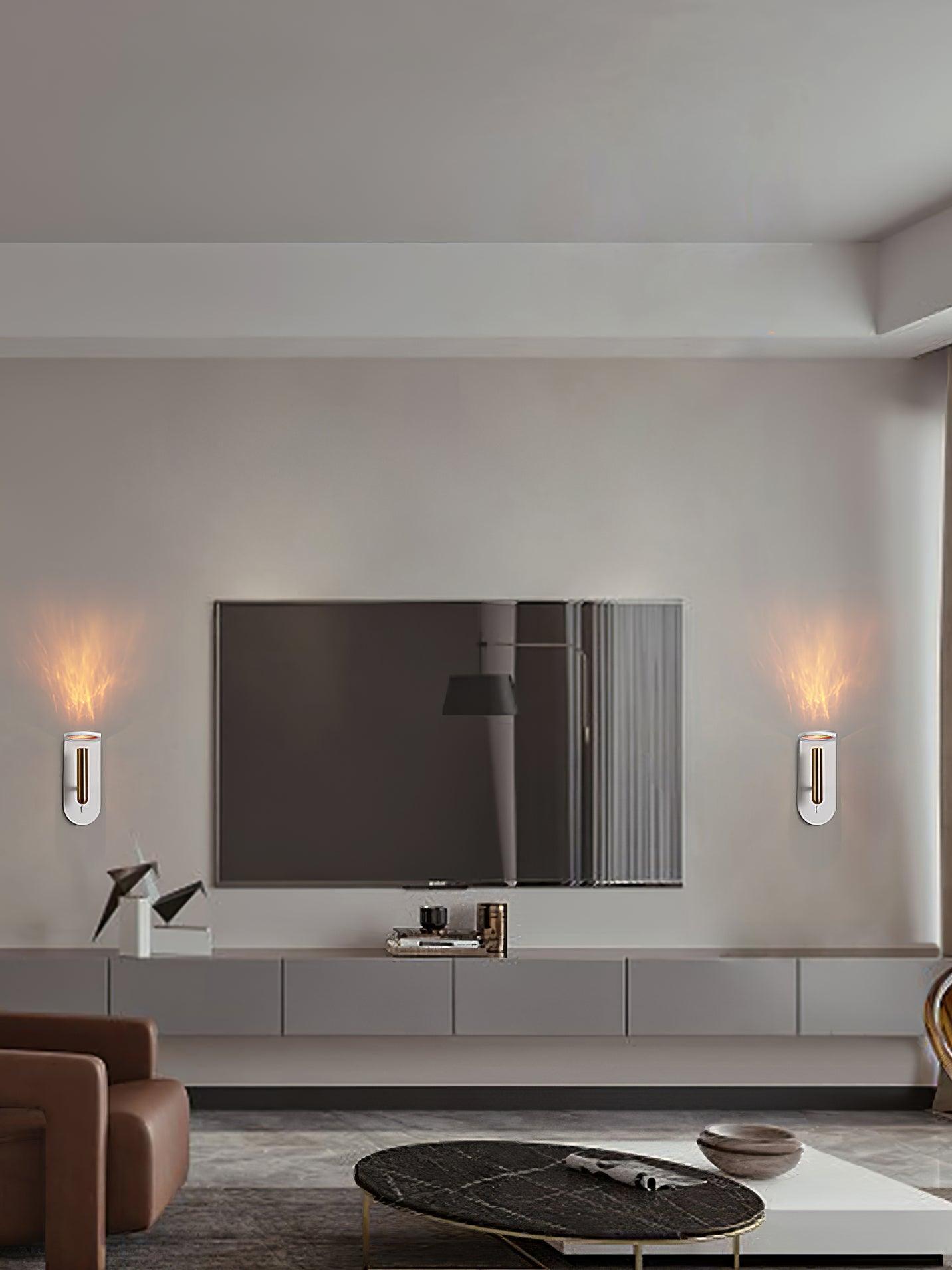 Two white Nights wall lights placed on either side of a television and media console