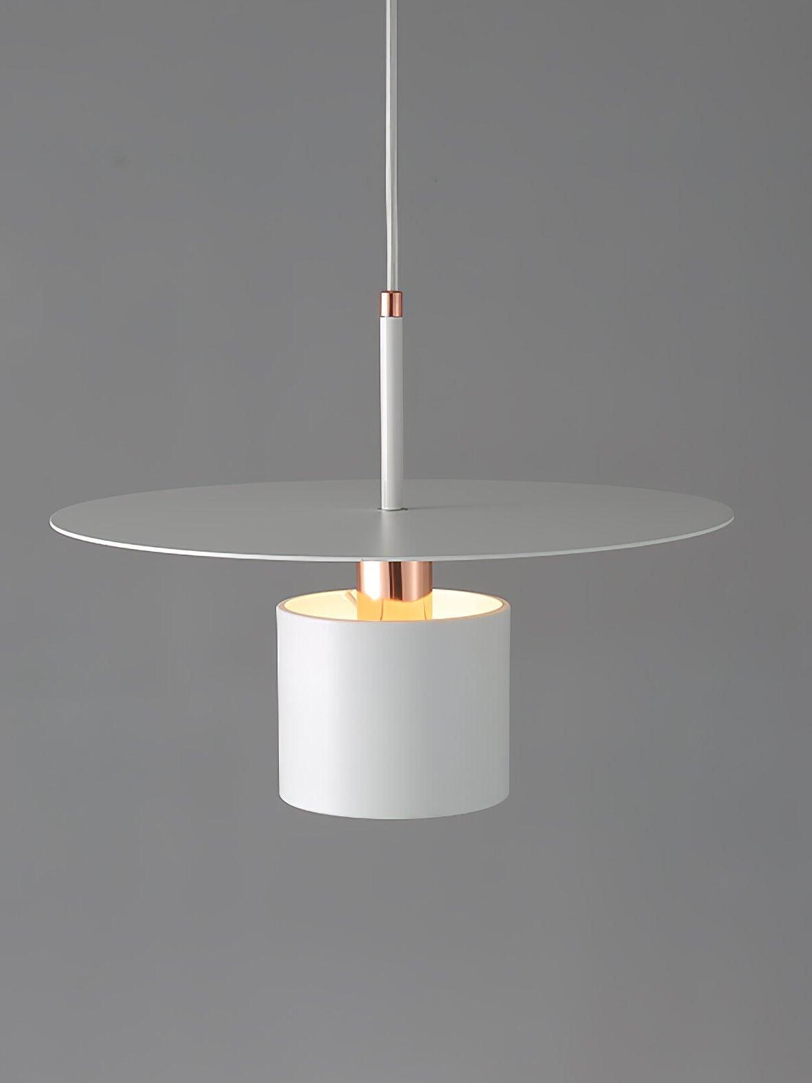 White cylindrical pendant beneath flat metal disc