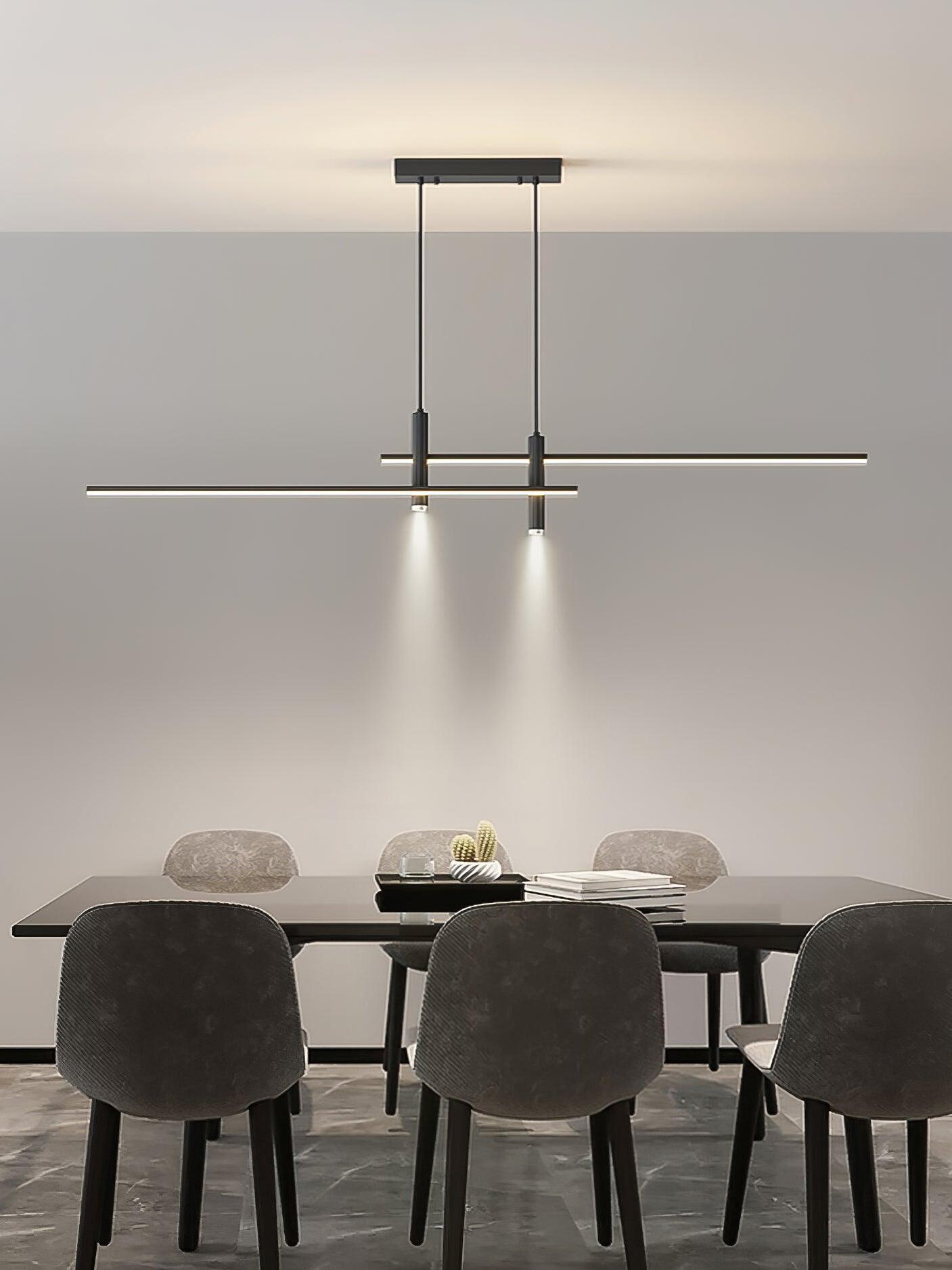 Black offset-bar pendant above a round table