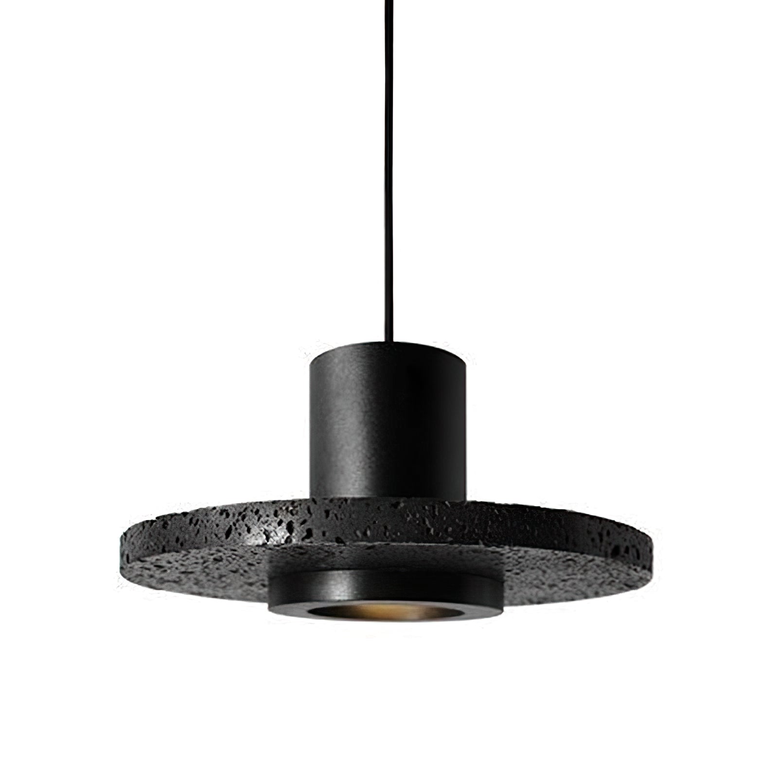 Angled underside view of a black porous disc pendant