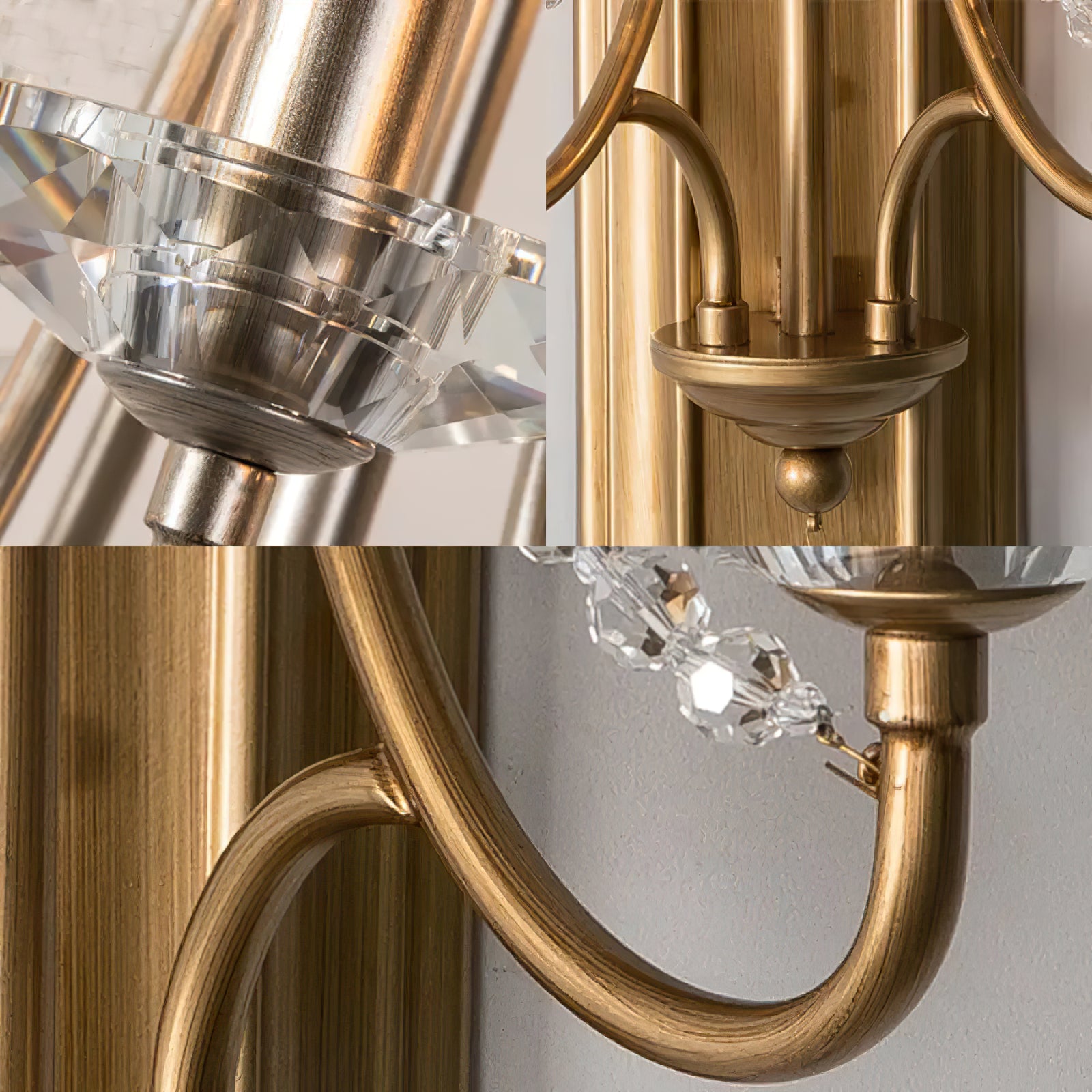 Detail collage of curved metal arms, clear saucers and faceted beads