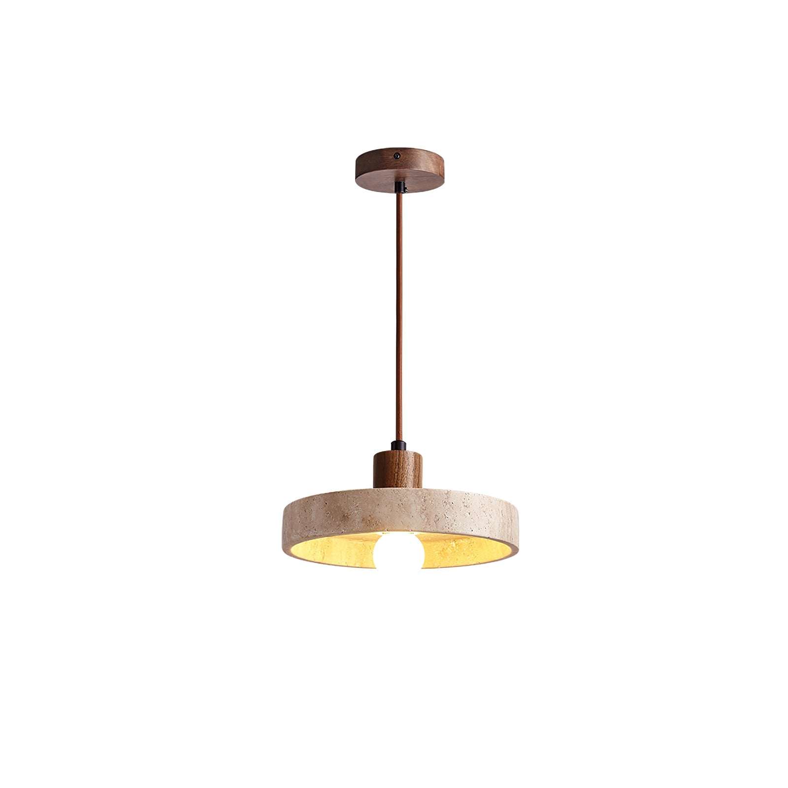 Round travertine pendant with wooden stem and brown ceiling canopy