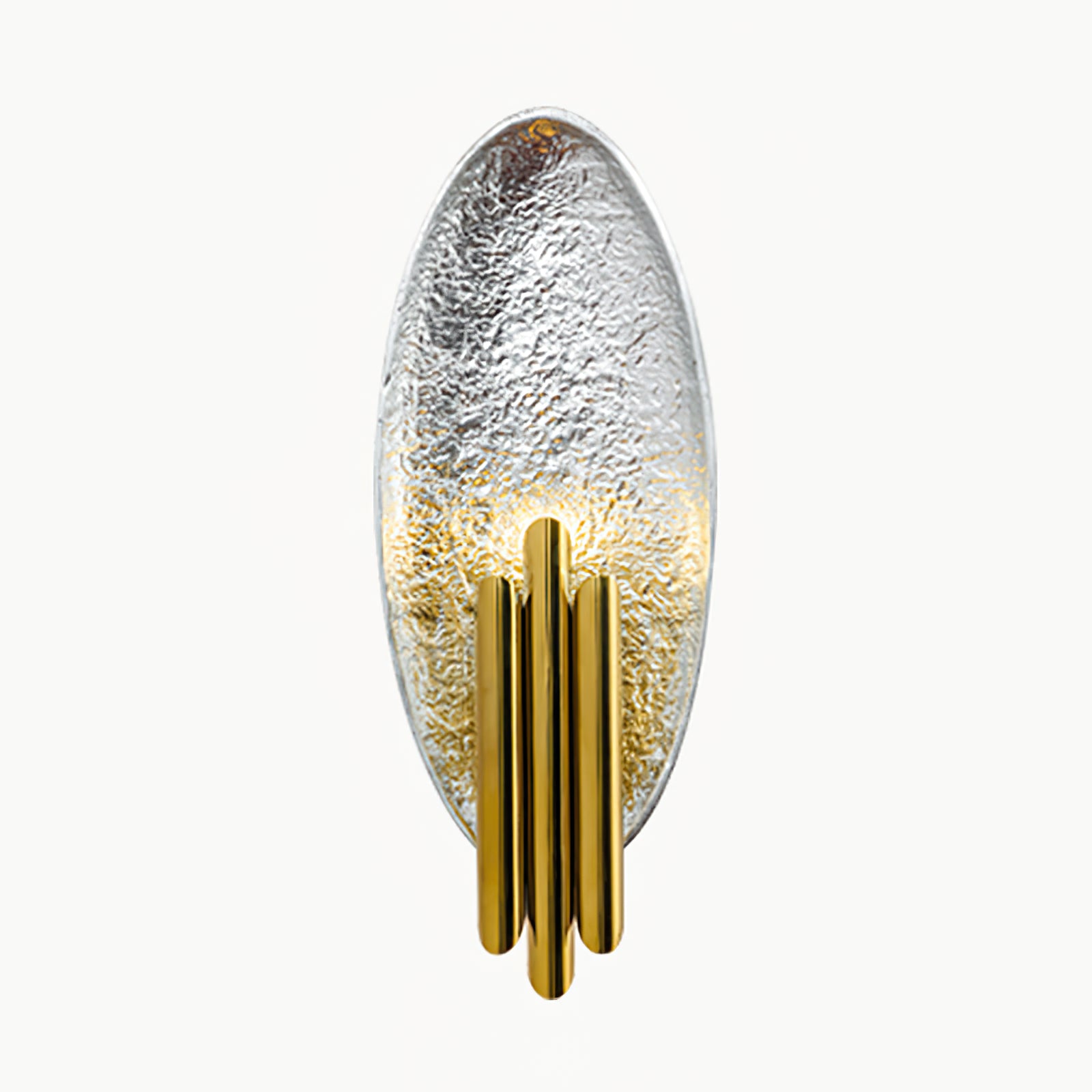 Textured silver oval backplate with gold vertical bars