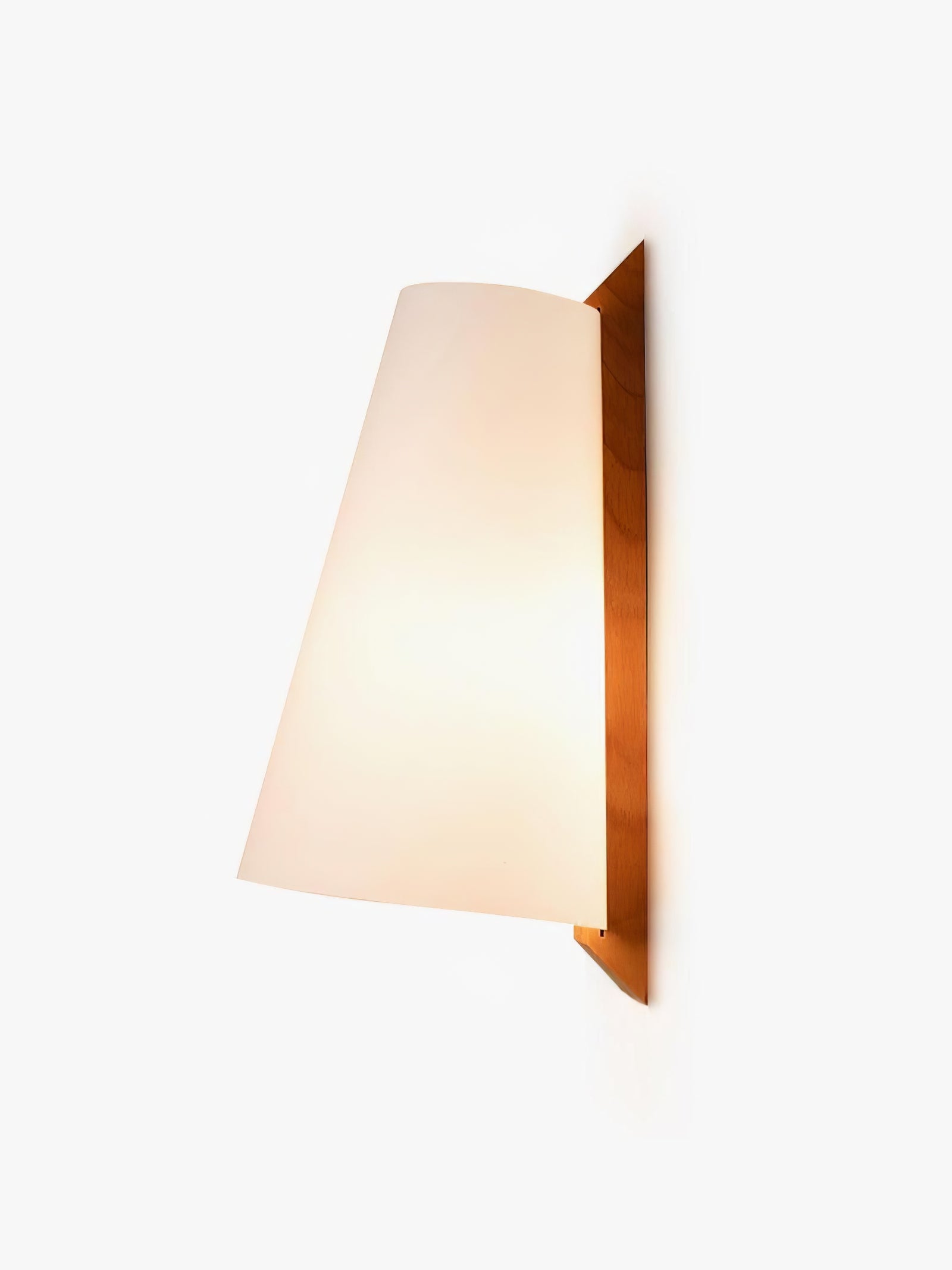 Isolated Lupe wall light with pale shade and wooden backplate