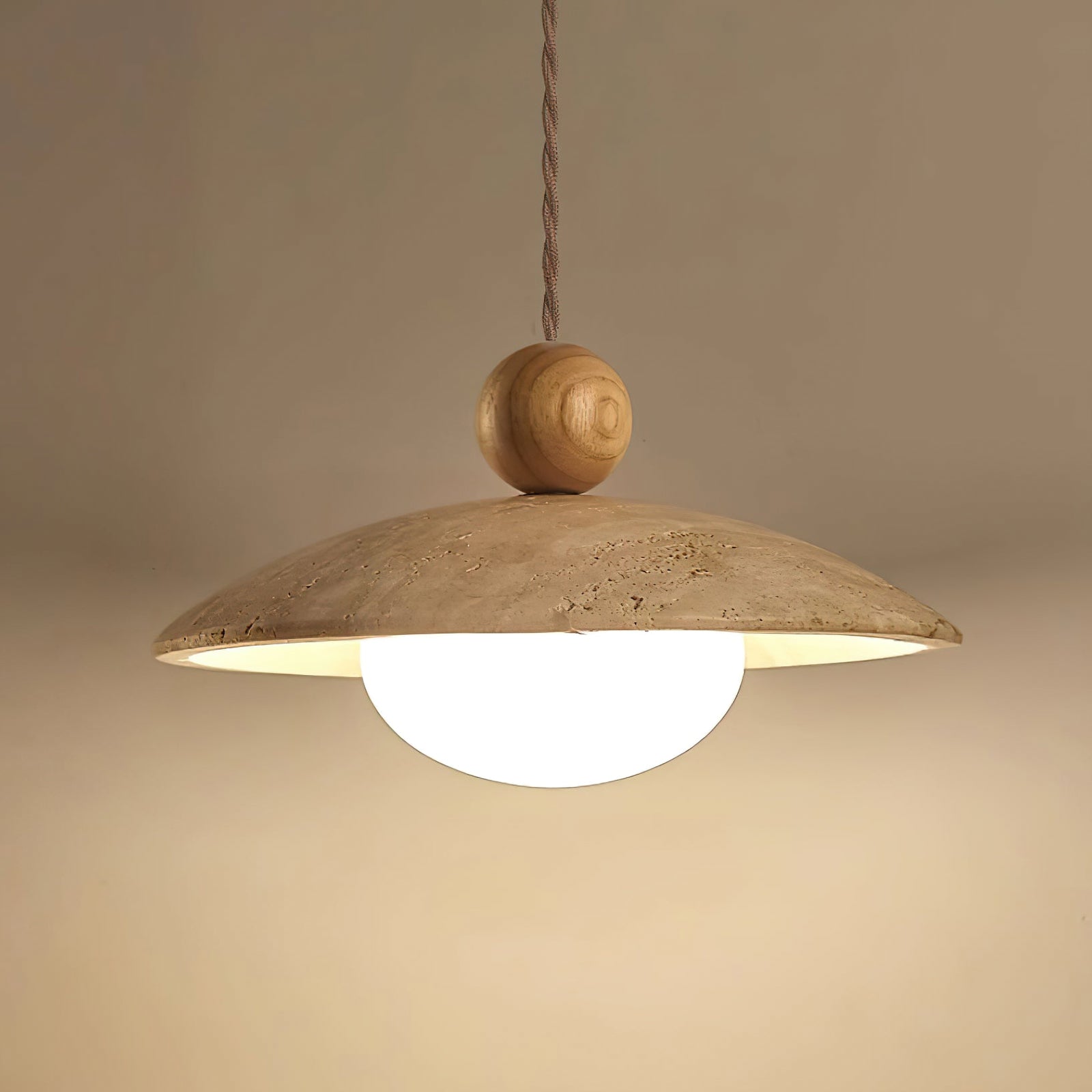 Shallow stone shade with light wooden sphere and white globe