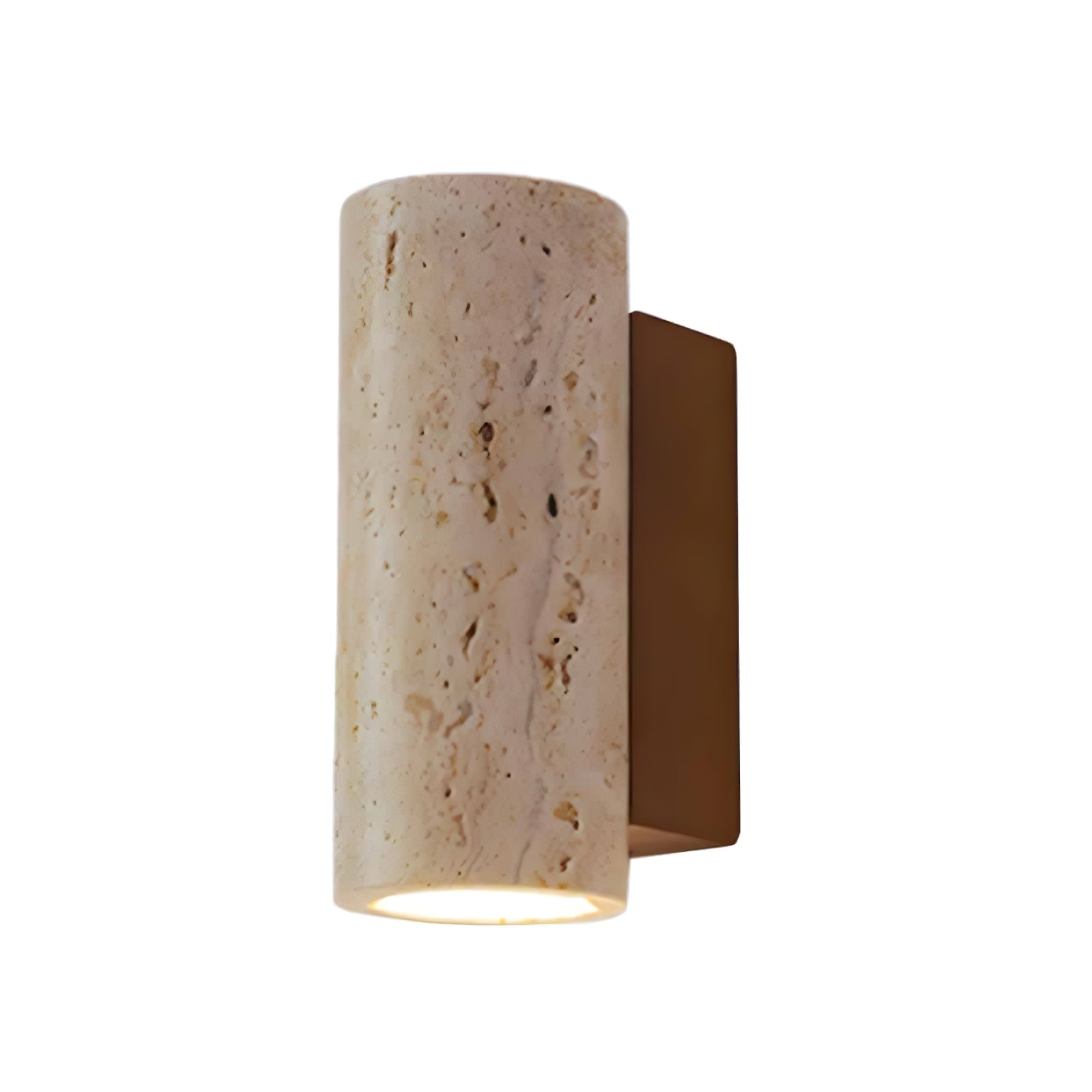 Lit travertine cylinder with wood backplate on white