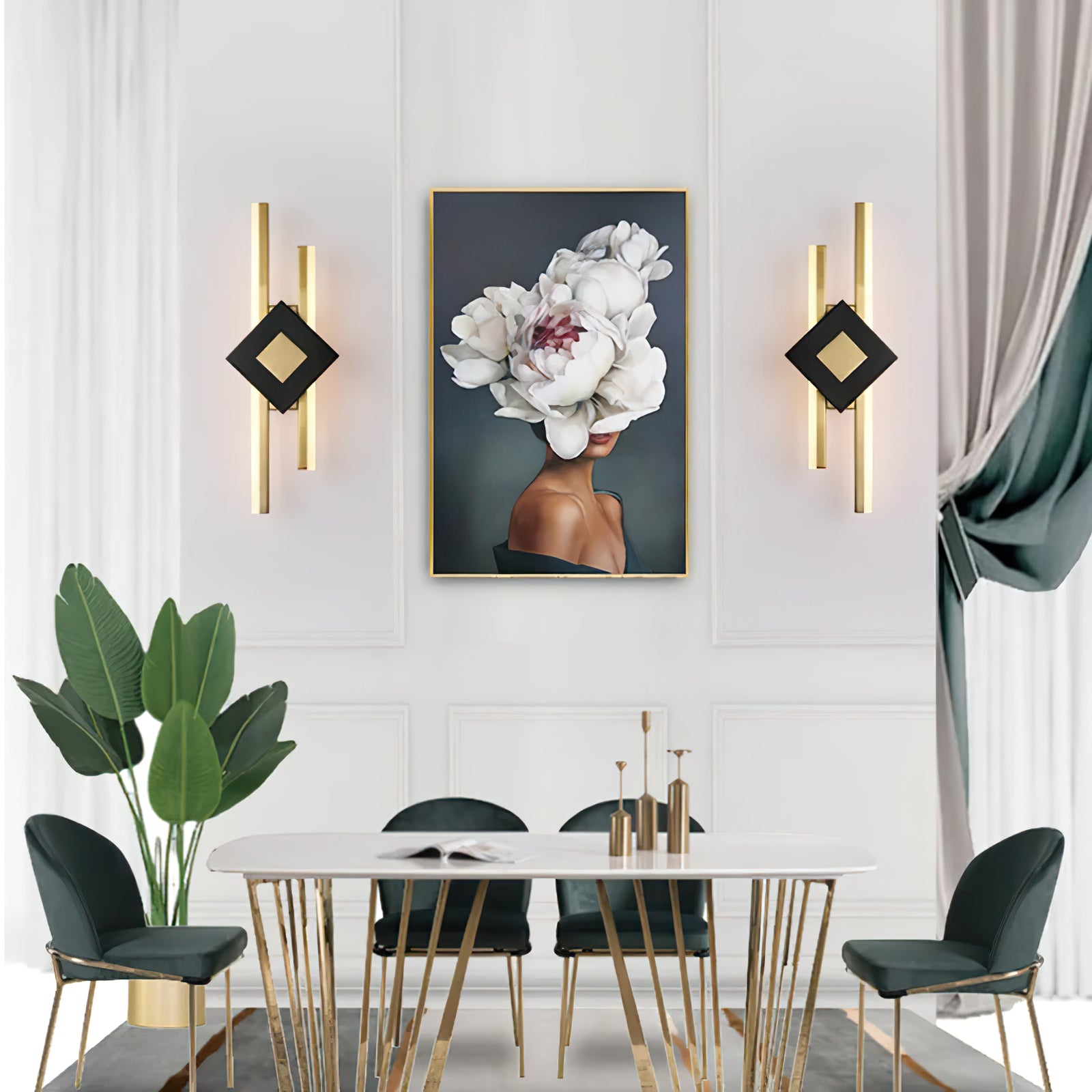 Two green marble sconces flanking artwork above a dining table