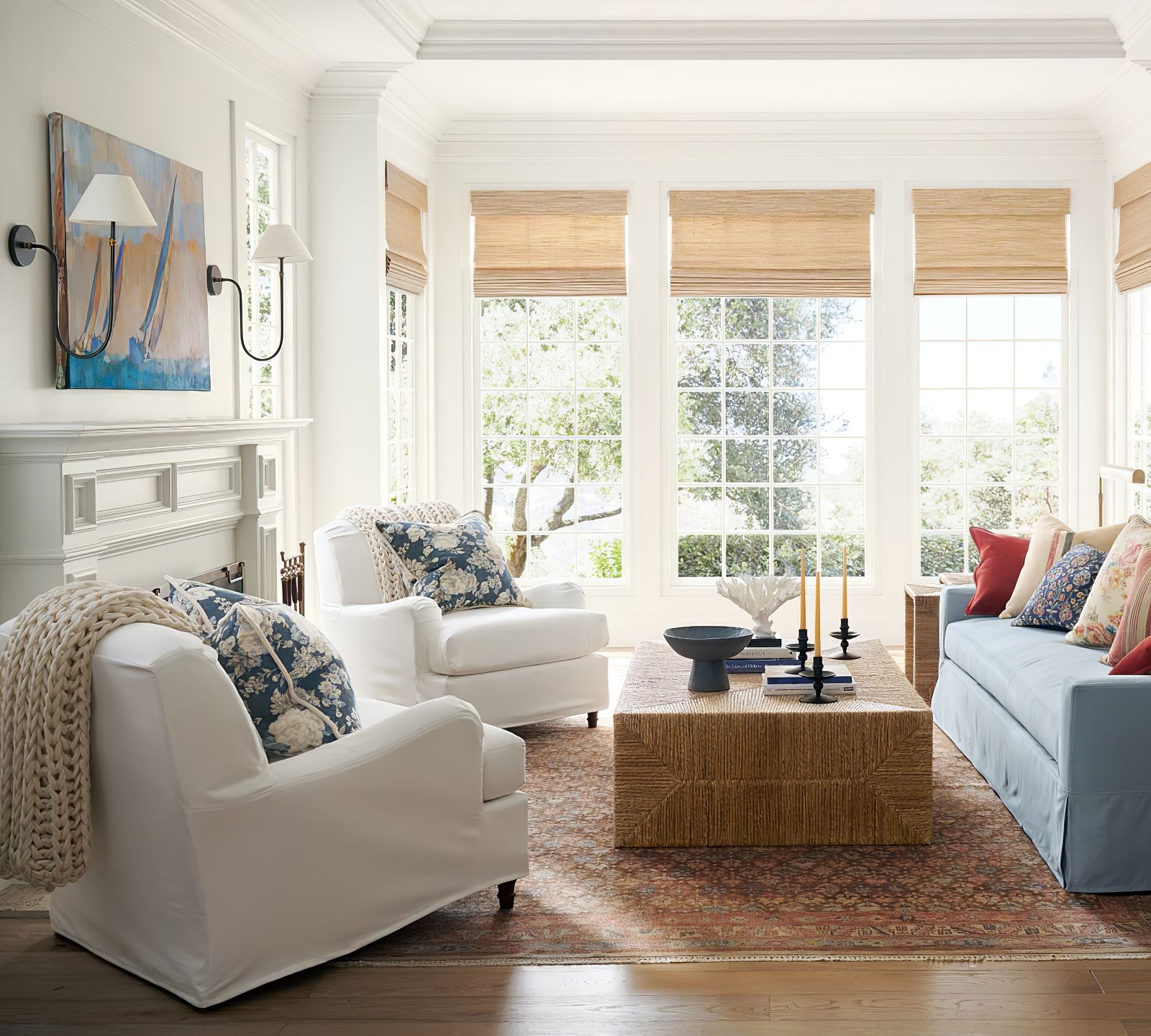 Collins wall light in a bright living room with pale seating