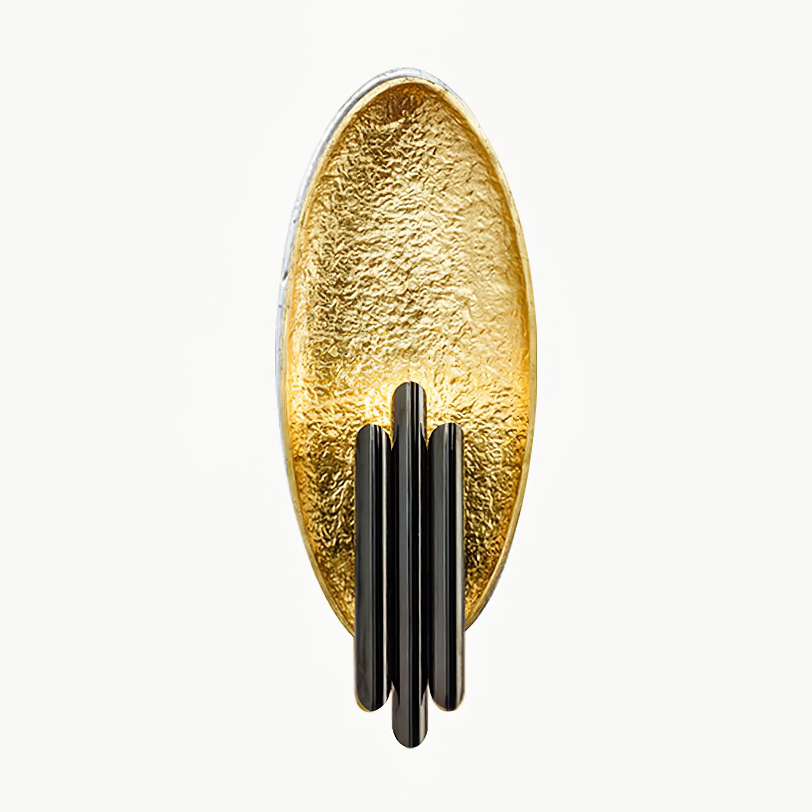 Front view of gold oval wall light with black bars