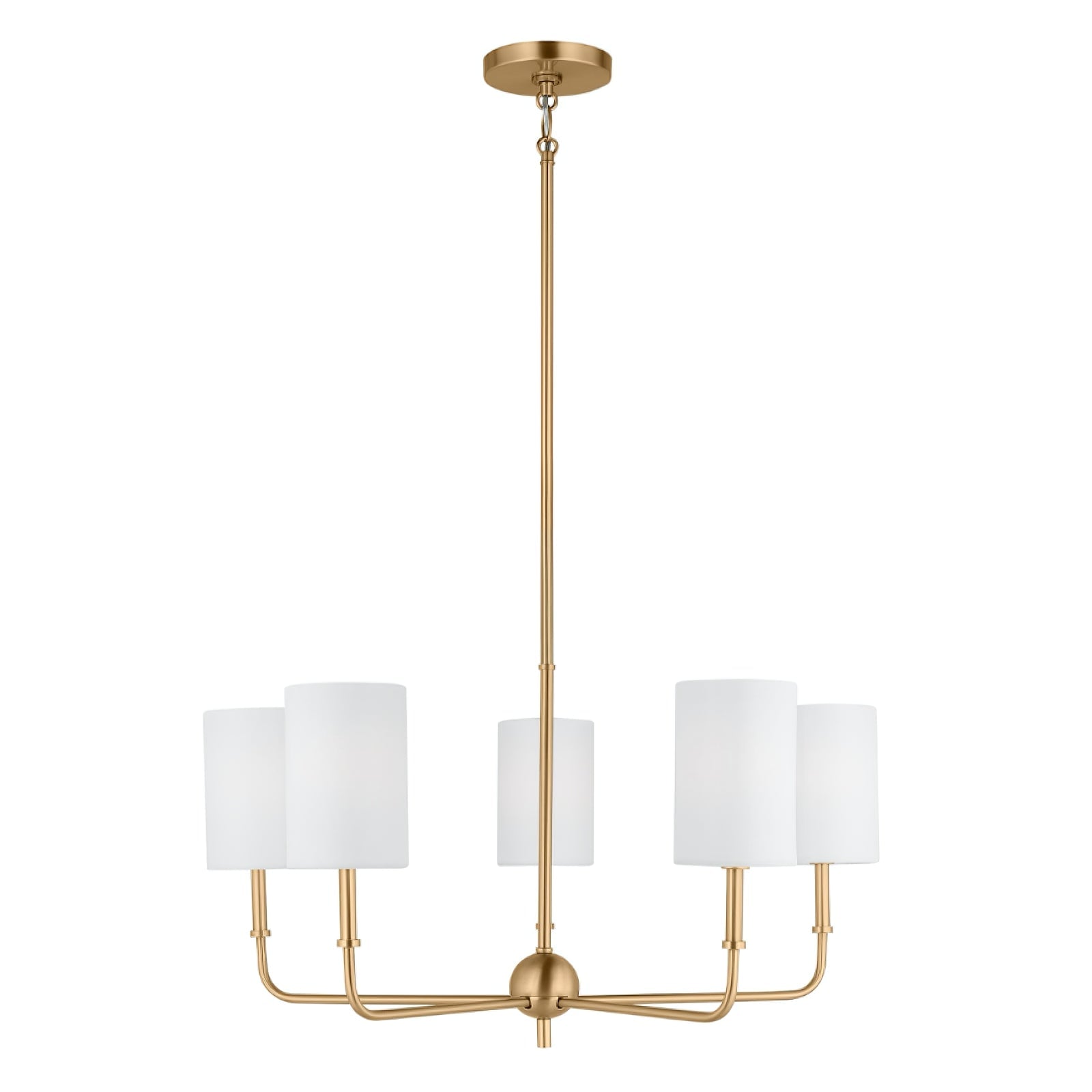 Front view of a five-light Brass-finish Foxdale chandelier
