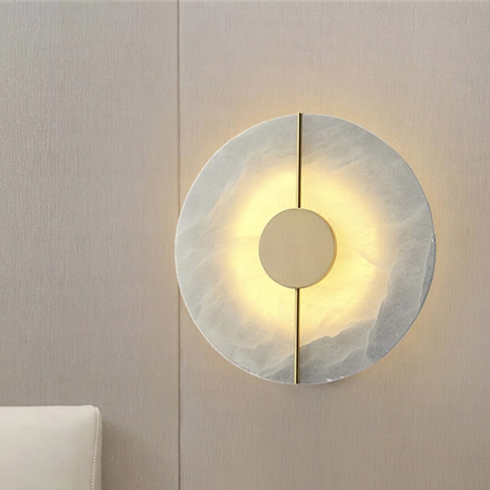 Close view of glowing marble circle and brass centre