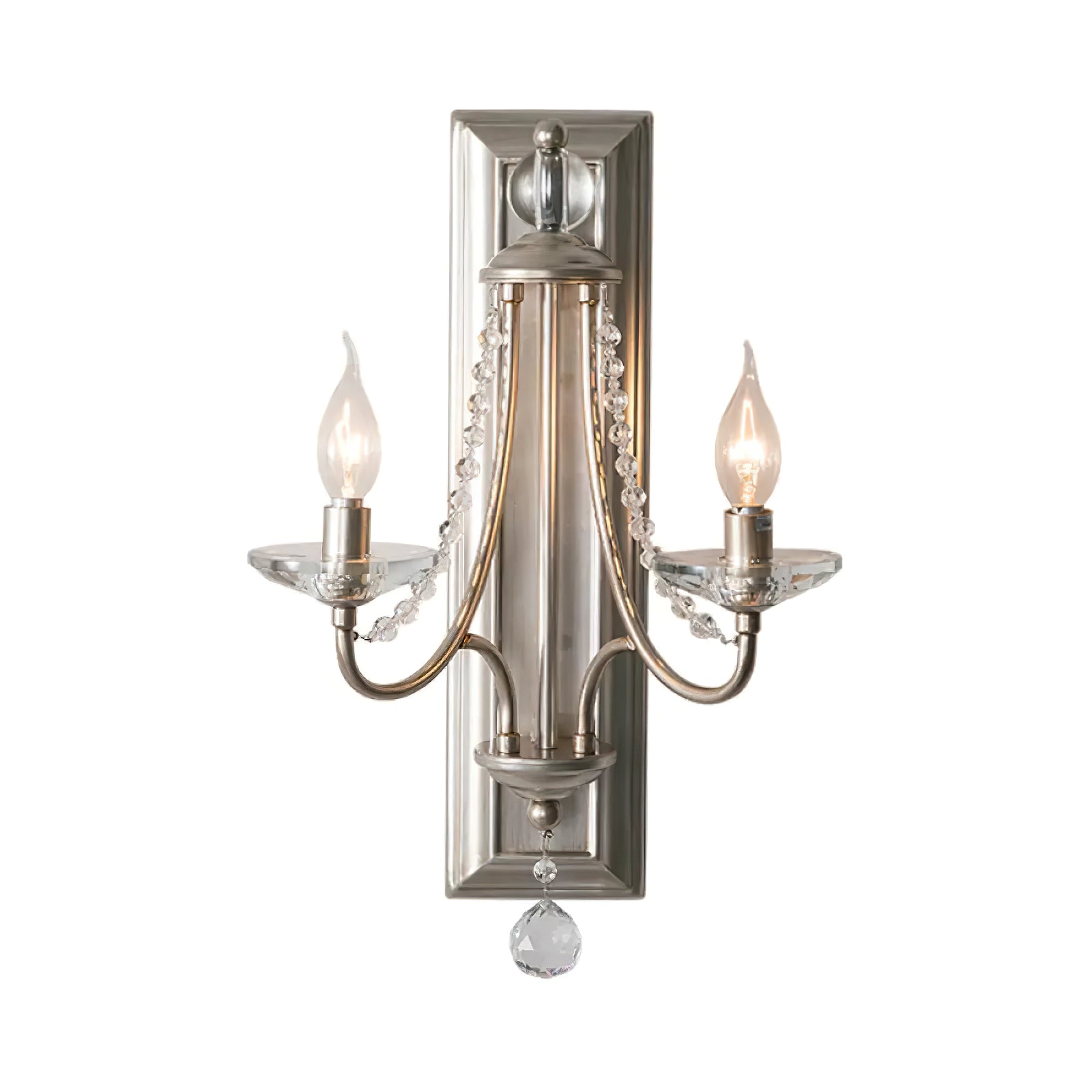 Front view of the Silver wall sconce with two candle-style lights