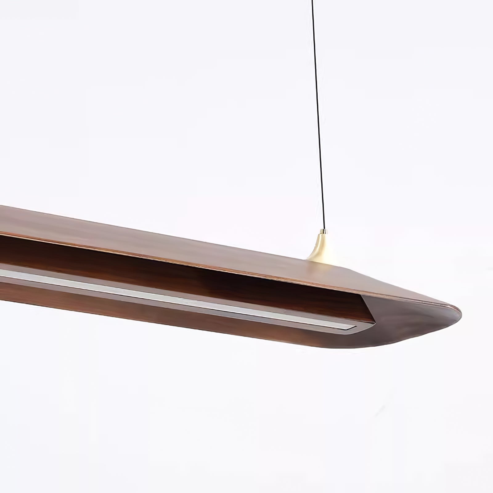 Recessed underside diffuser along the elongated brown pendant