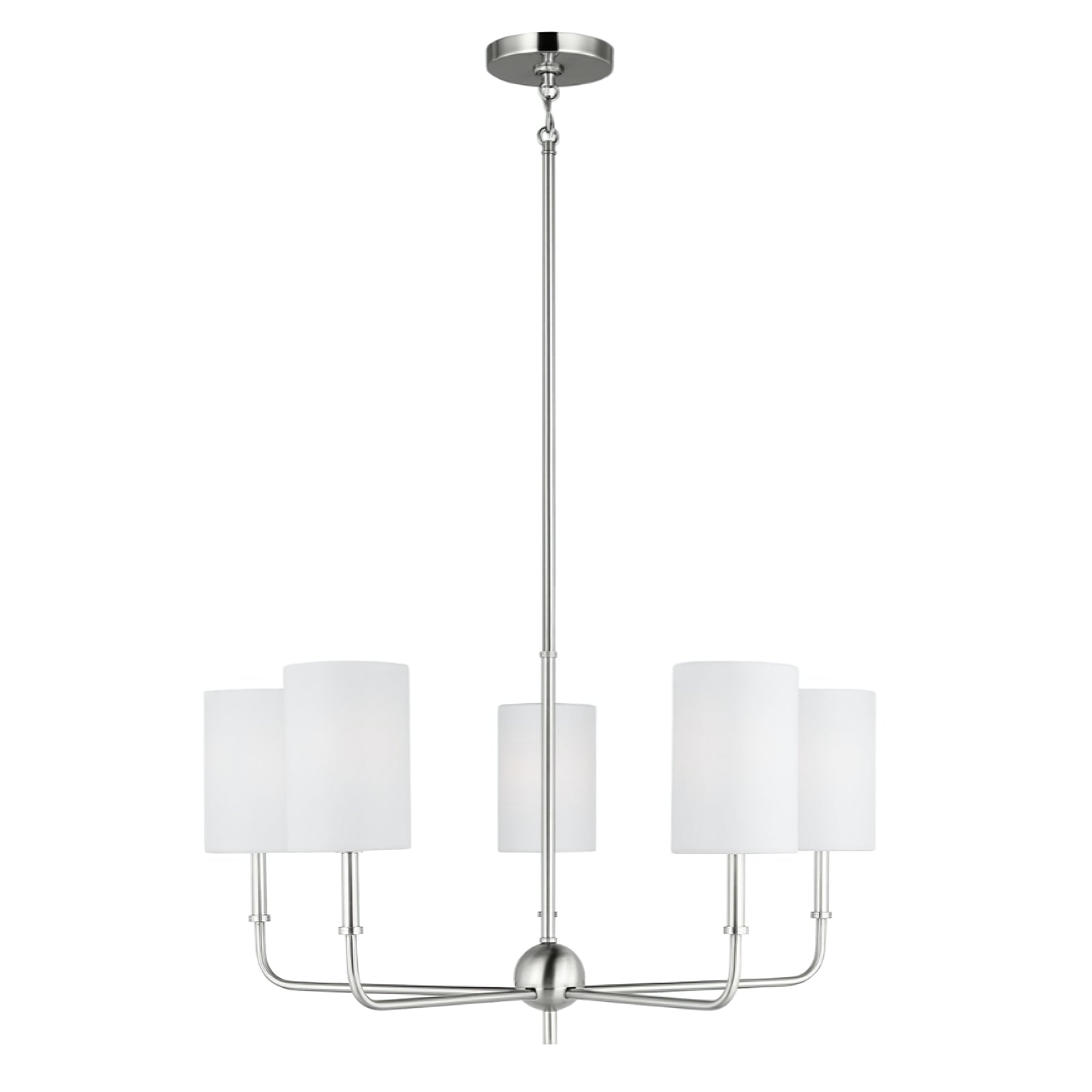 Five-light Brushed Nickel Foxdale chandelier on white
